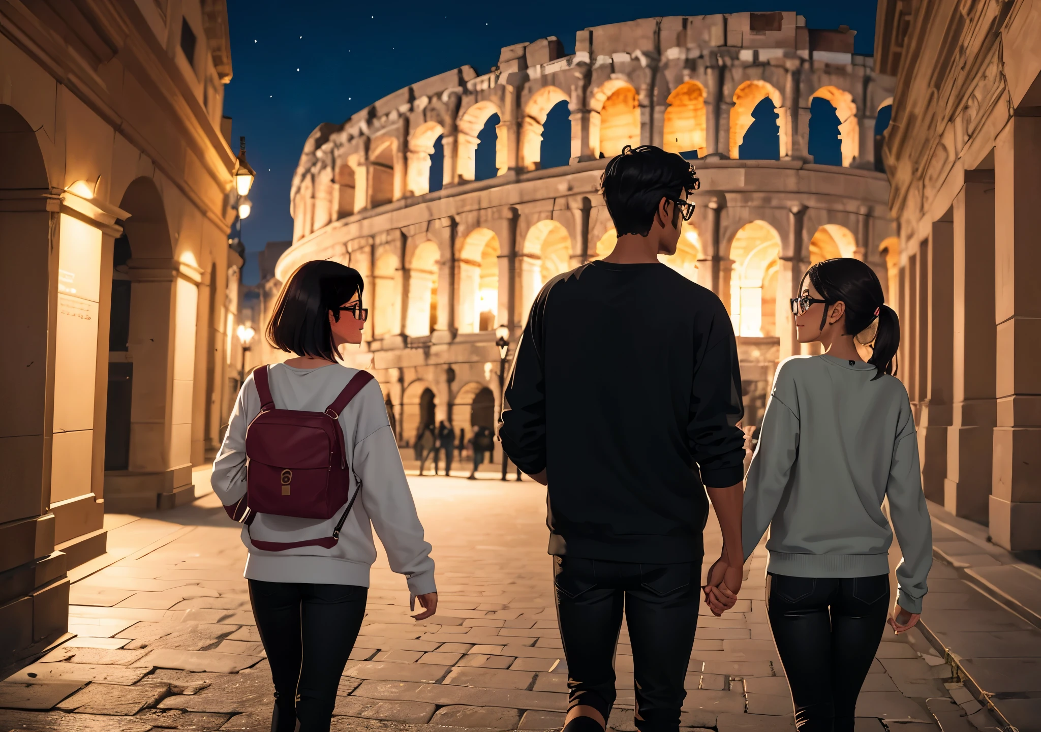 A young couple with tanned skin with glasses look at each other and have their backs to the camera in the Roman coliseum on a bright night. They have their back to the camera wearing a black sweatshirt, black pants, zapatillas negras y audifonos.