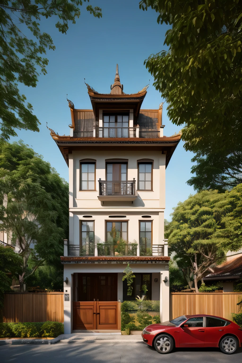 (Townhouse in city ,close houses and trees), ((indochine style architecture)) daylight ( best quality) ((high solution)) ,(( photo realistic)) ,warm light, soft lighting, warm atmosphere,high Resolution, hyper detailed,4k ,vray render, octane render, hyper realistic, photography expert ,exterior design , professional photography, exterior photography,wide-angle shot , ultra detail , high Resolution , full frame, full body