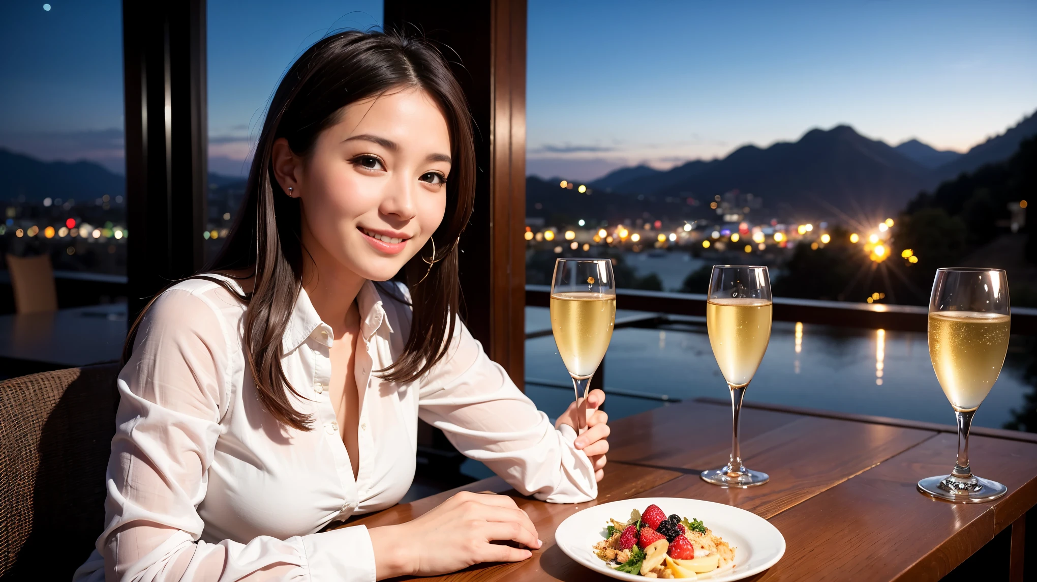 K, Hmm, highest quality, masterpiece: 1.2), (realistic, photorealistic: 1.37), Spectacular view of the sunset sky and clouds、Amazing mountain views、明るいsmile、3 slim beauties, (slim face),Happy、 the best smile、Fox face、Berry Short、(because I'thin), (brown hair), (shortcut), long sleeve shirt、winter fashion、Colombian、Brazilian、Japanese、Dutch、German、Portuguese、Belgian、Italian、French,Champagne、sparkling wine、 (Squirting), (slim body), (brown hair), (shortcut), neat beauty、cheeks turn a little red, (35 years old), 38 years old, alone, A beautiful and detailed night view spreads out outside the window......, restaurant, wine glass is sitting, At night, in a prominent place (from the Upper body) nova frog style, actress, model, Upper body, White wine, slim, wine glass, Very beautiful night view, wine glass Put in the Middle, Happy smile, (smile: 1.15),