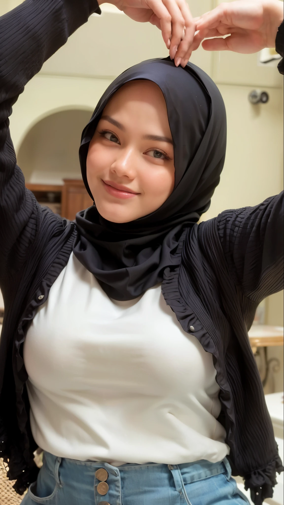 masterpiece, (ultra-high-definition portrait, vignet:1.4), Realistic, extremely detailed, CG unified, 8k, Clean lines, highly detailed, High-definition, raw color photos, she is smiling, Realistic portrait, Cinematic Light, Beautiful detailed, (1hijabgirl, indonesian:1.5), (165cm tall, big breasts with lips like she wants to kiss:1.5), Beautiful big breasts, breasts details, very tight, (Biggorgeous breast, Serious Face:1.5), (Serious Face, Big Breast:1.4), Close up of a girl in Beautiful clothes with errected nipple, biggorgeous breast, Soft smile, scarf, (Bombastic Side Eyes with curvaceous body:2), pose 4 of 1 6, Undress, No bra, (nipples that are clearly sticking out detail:1.2), Outdoors, high intricate detailed.