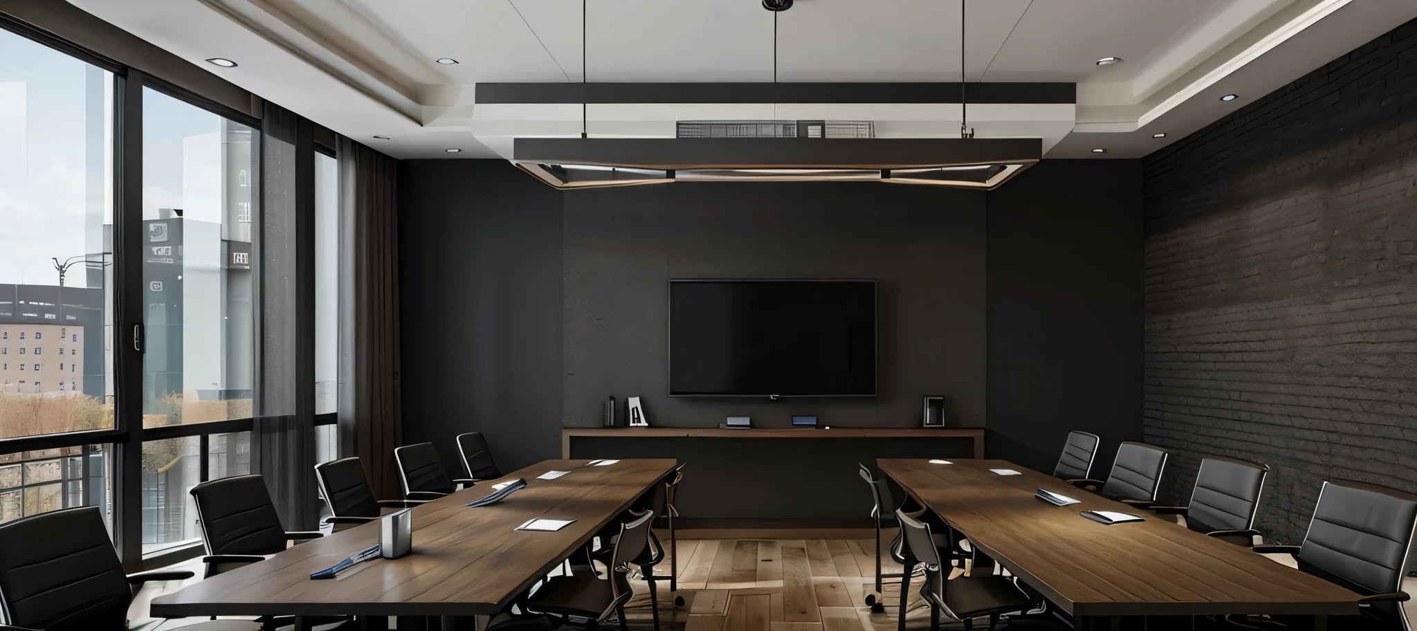 Modern industrial style conference room renderings,iron chair,dark conference table,Chandeliers,There is a TV on the wall,Show game blueprints,Need to have a sense of design and future