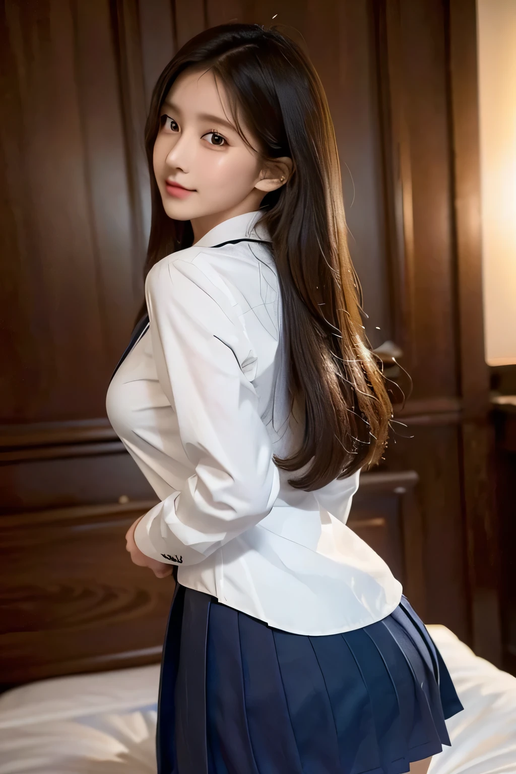 1 girl,beautiful and detailed eyes,cute,professional lighting,highest quality, (beauty:1.3), (school uniform:1.5),medium hair, erotic, Bewitching, booty pose