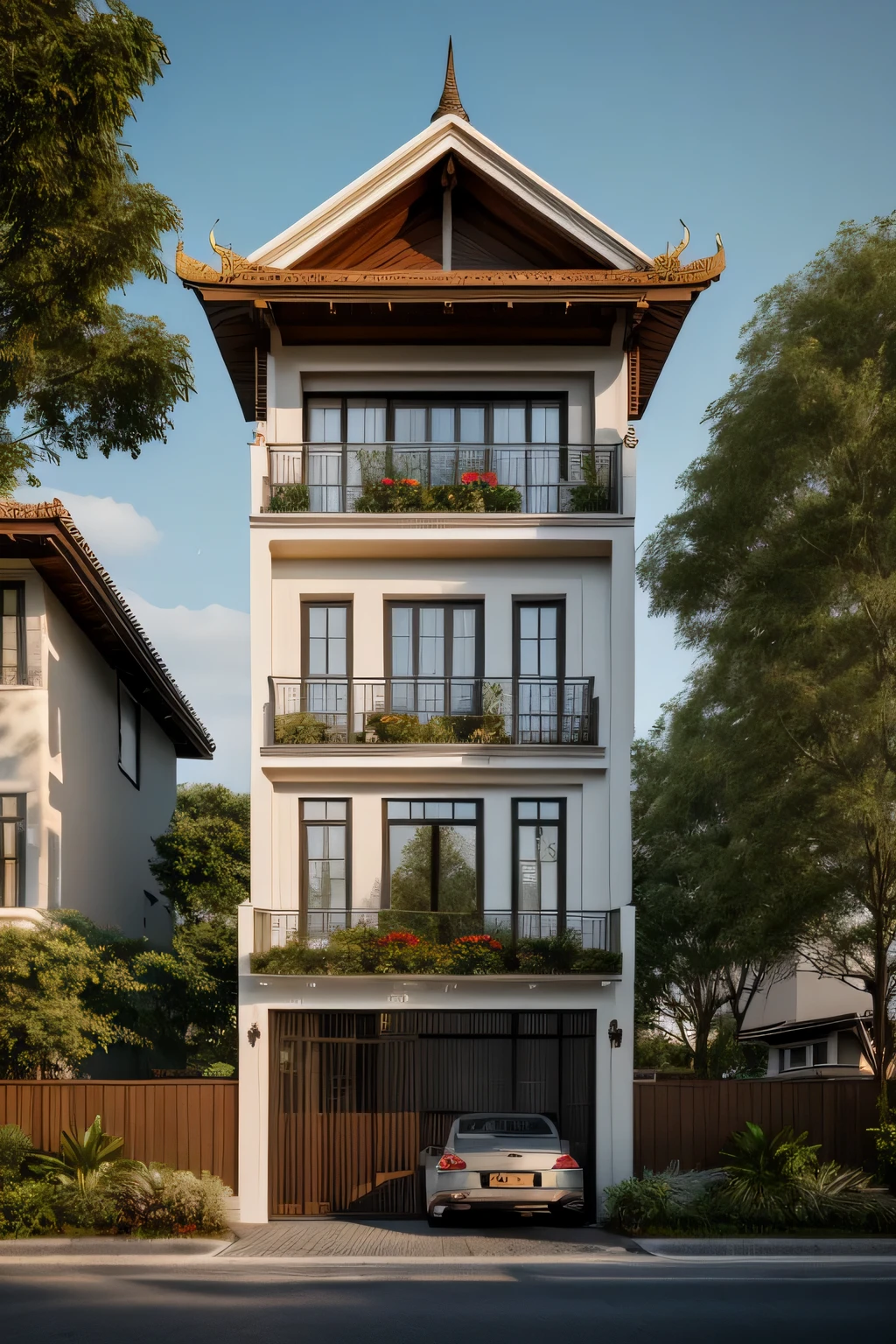 (Townhouse in city ,close houses and trees), ((indochine style architecture)) daylight ( best quality) ((high solution)) ,(( photo realistic)) ,warm light,  soft lighting, warm atmosphere,high Resolution, hyper detailed,4k ,vray render, octane render, hyper realistic, photography expert ,exterior design , professional photography, exterior photography,wide-angle shot , ultra detail , high Resolution , full frame, full body