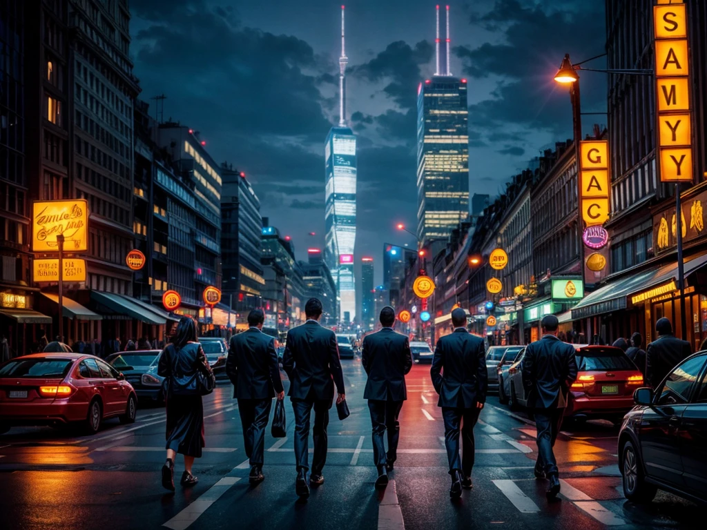 Office workers hurrying home amidst twinkling neon signs in downtown Tokyo at night
