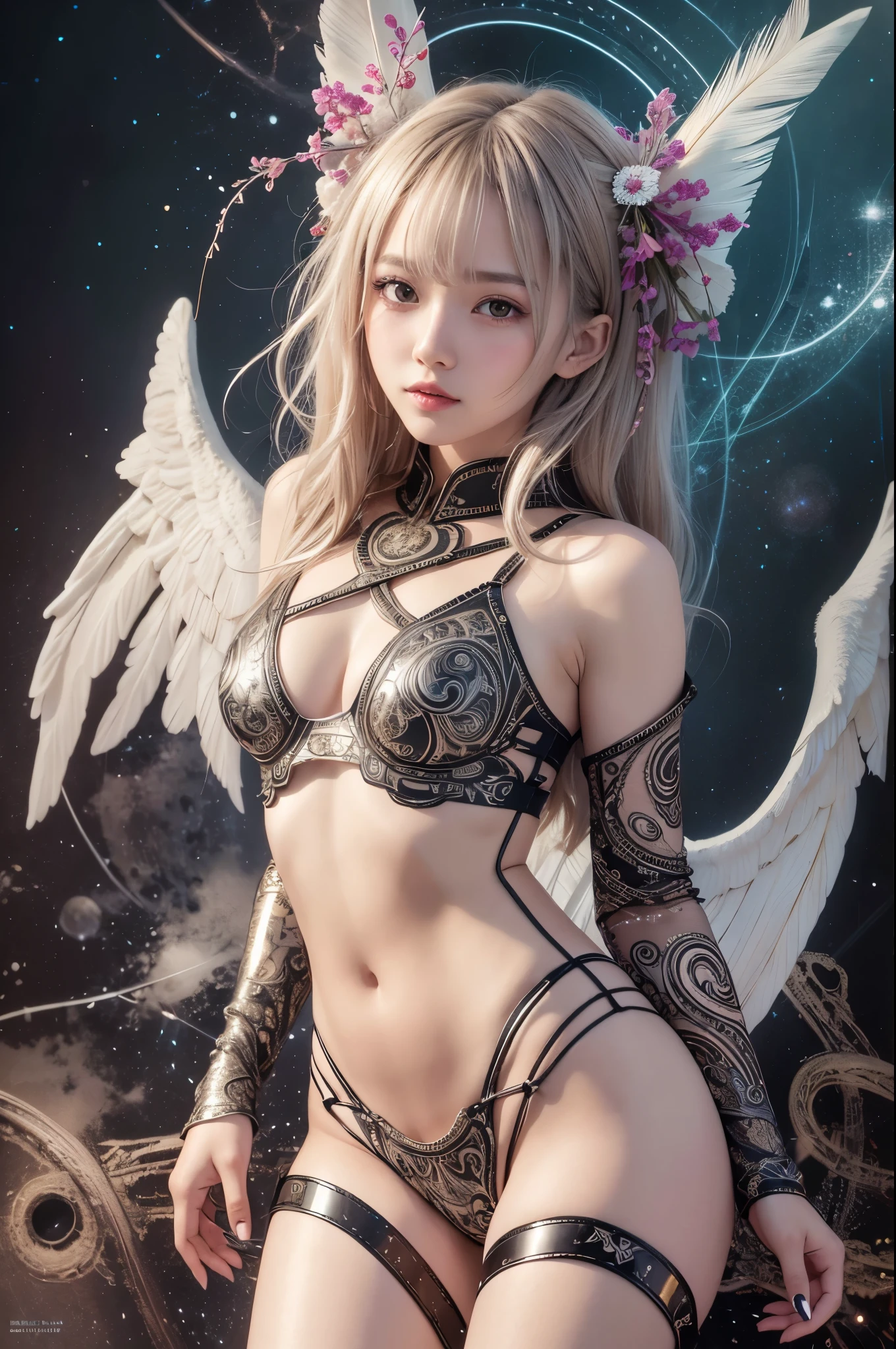 cyborg, girl, beautiful girl, cute, sexy, strong, thin, delicate, smile, (lolita costume), High leg, metallic, ultra color, paisley pattern, headgear, mandala, Near future, heaven, Angel, feather, wing, Helix lamp