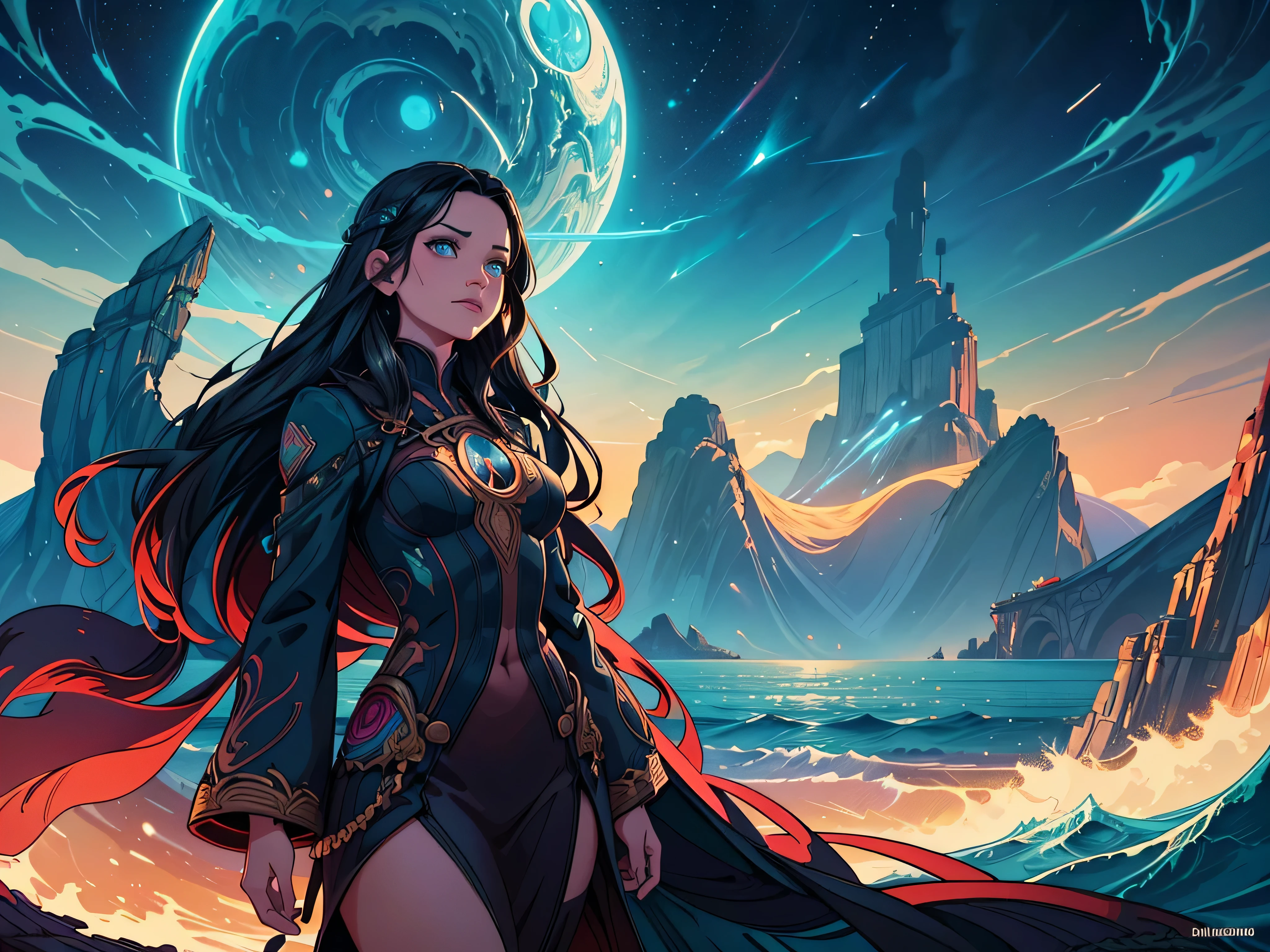 there is a painting of a ship in the ocean with mountains in the background, detailed dreamscape, inspired by Kilian Eng, calm night. digital illustration, full art illustration, dan mumford and alex grey style, by Kilian Eng, detailed digital illustration, a beautiful artwork illustration, g liulian art style, an ominous fantasy illustration, detailed fantasy illustration