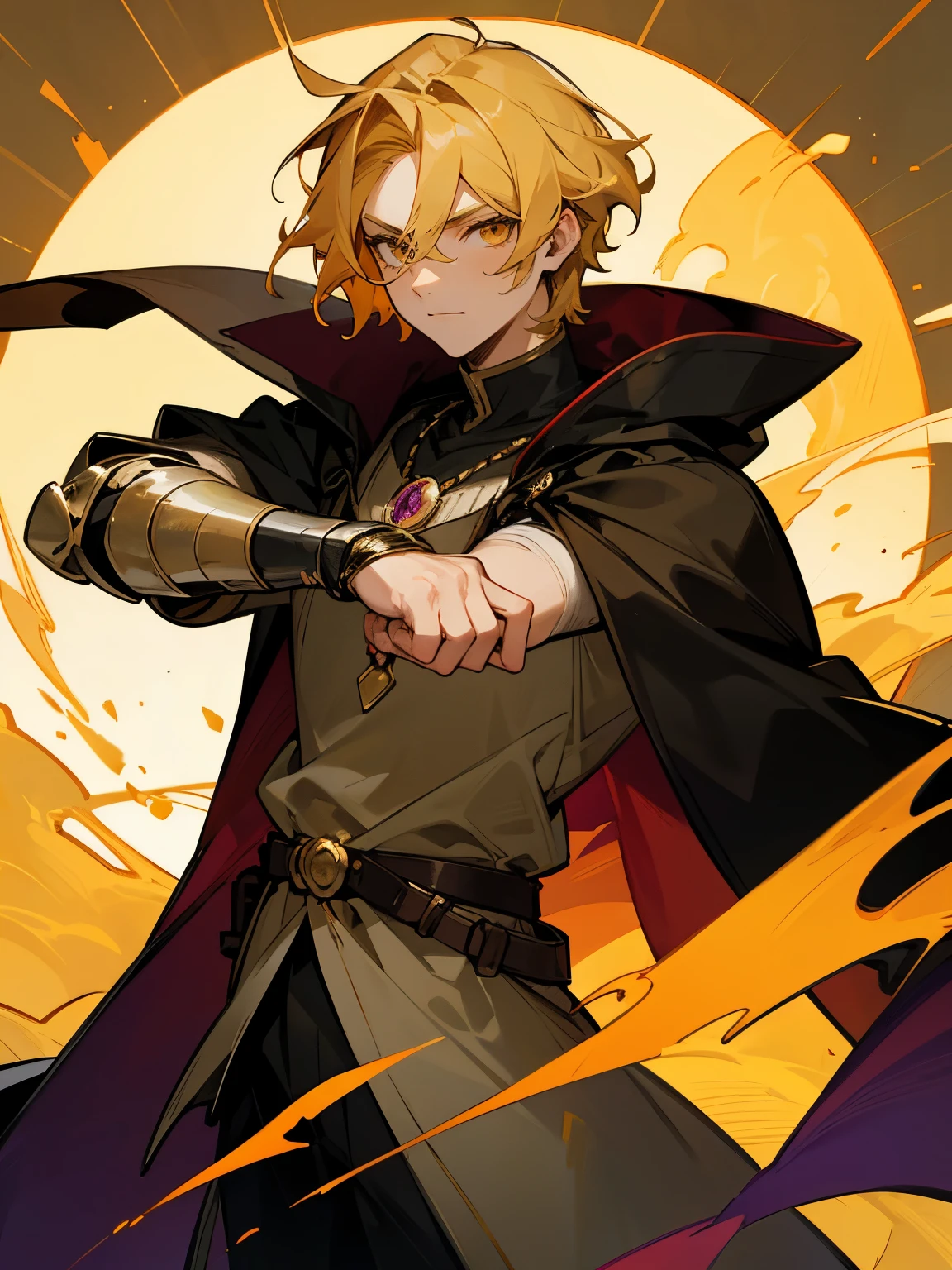 Generate an image of a character with the following attributes: The character is a man with short wheat-colored hair, amber-honey eyes, a noble and mature appearance, wearing black armor covered by a green cloak. The hair is short and wavy, with a neutral expression. The character is adorned with a full crescent moon and a waning moon necklace, as well as a blood moon amethyst necklace. The style is manga.
