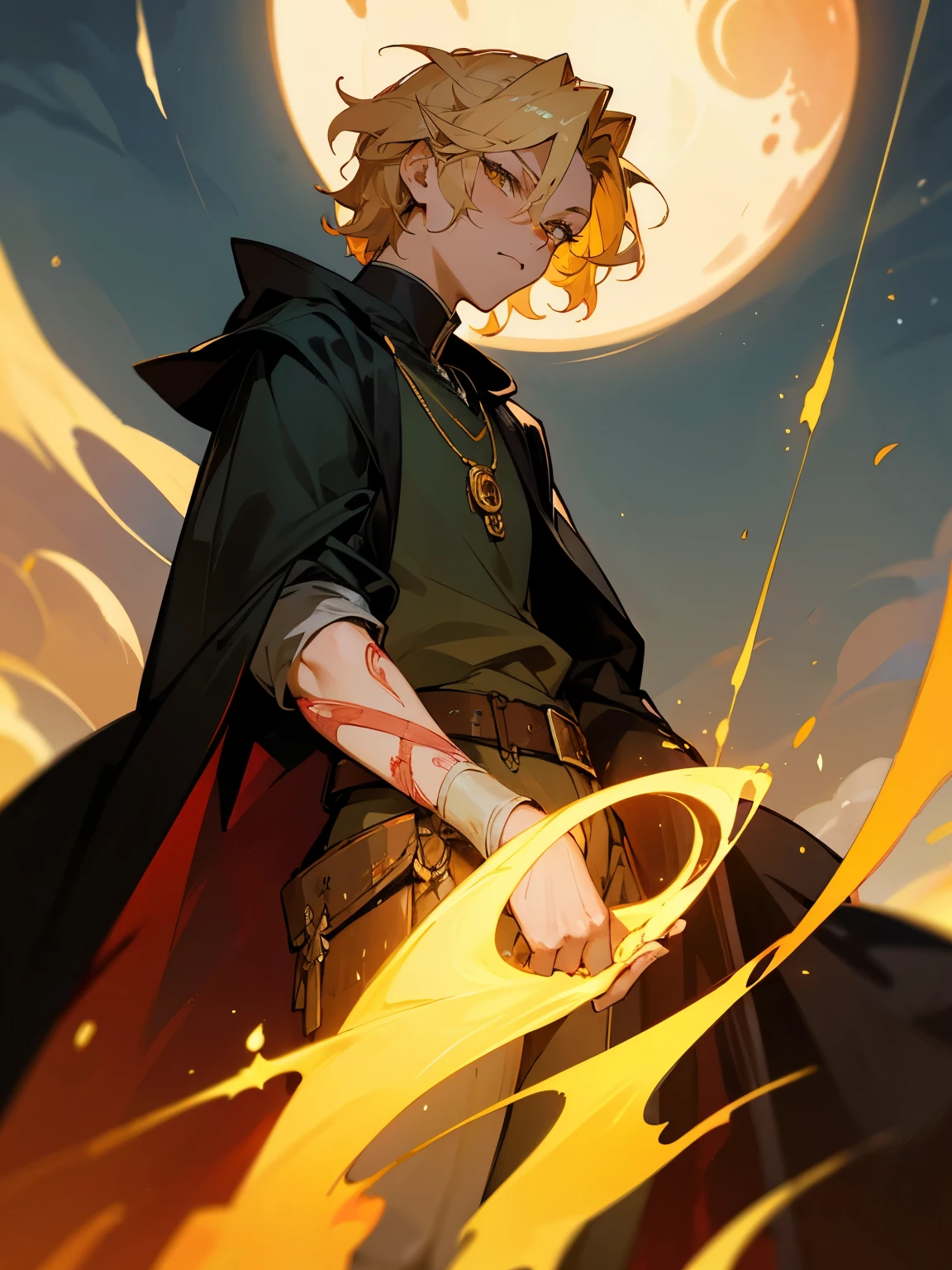 Generate an image of a character with the following attributes: The character is a man with short wheat-colored hair, amber-honey eyes, a noble and mature appearance, wearing black armor covered by a green cloak. The hair is short and wavy, with a neutral expression. The character is adorned with a full crescent moon and a waning moon necklace, as well as a blood moon amethyst necklace. The style is manga.