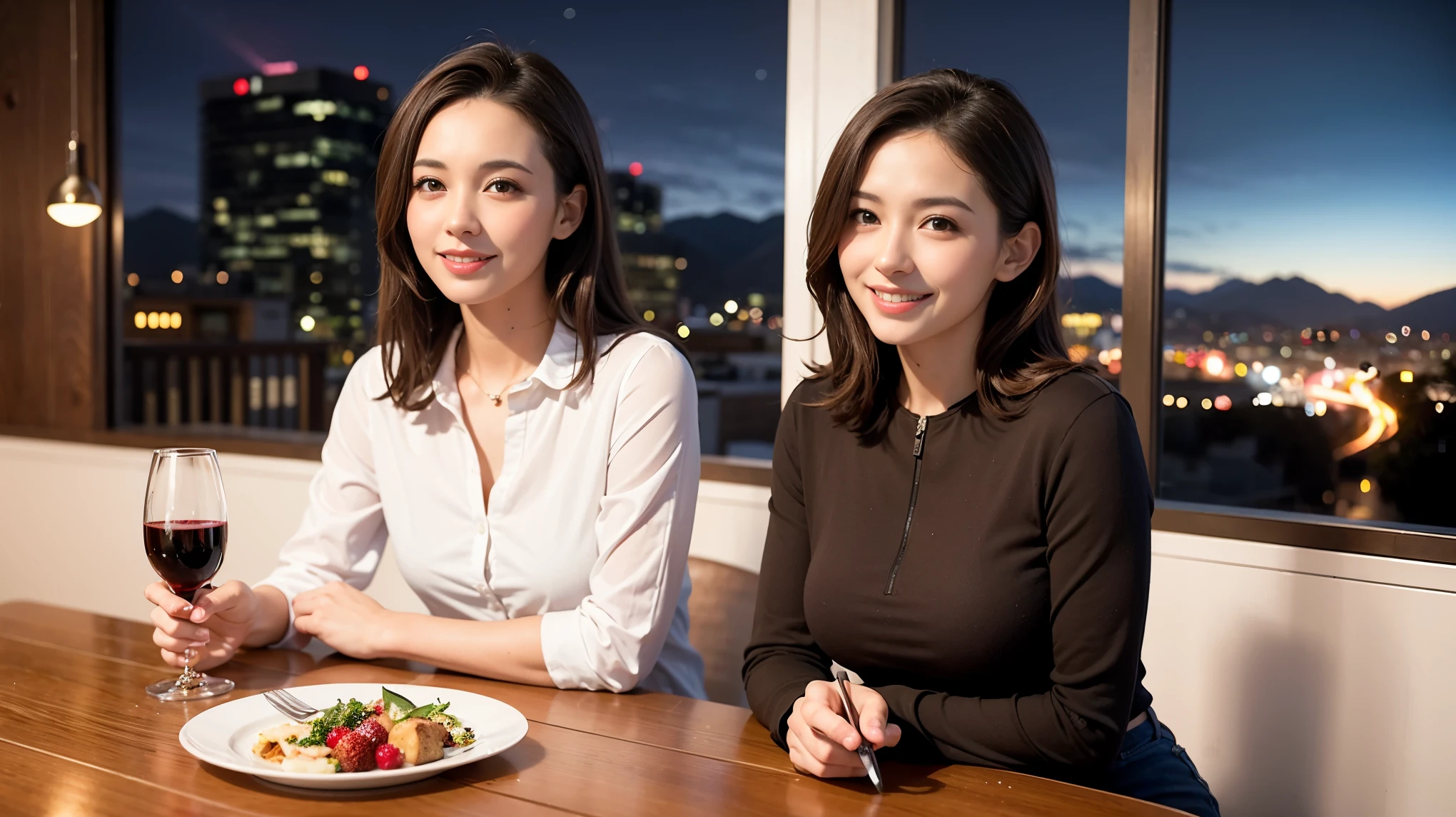 K, Hmm, highest quality, masterpiece: 1.2), (realistic, photorealistic: 1.37), Spectacular view of the sunset sky and clouds、Amazing mountain views、ニコニコ明るいsmile、3 slim beauties, (slim face),Happy、 the best smile、Fox face、Berry Short、(because I'thin), (brown hair), (shortcut), long sleeve shirt、winter fashion、Colombian、Brazilian、Japanese、Dutch、German、Portuguese、Belgian、Italian、French,Champagne、sparkling wine、 (Squirting), (slim body), (brown hair), (shortcut), neat beauty、cheeks turn a little red, (42 years old), 38 years old, alone, A beautiful and detailed night view spreads out outside the window......, restaurant, wine glass is sitting, At night, in a prominent place (from the Upper body) nova frog style, actress, model, Upper body, White wine, slim, wine glass, Very beautiful night view, wine glass Put in the Middle, Happy smile, (smile: 1.15),