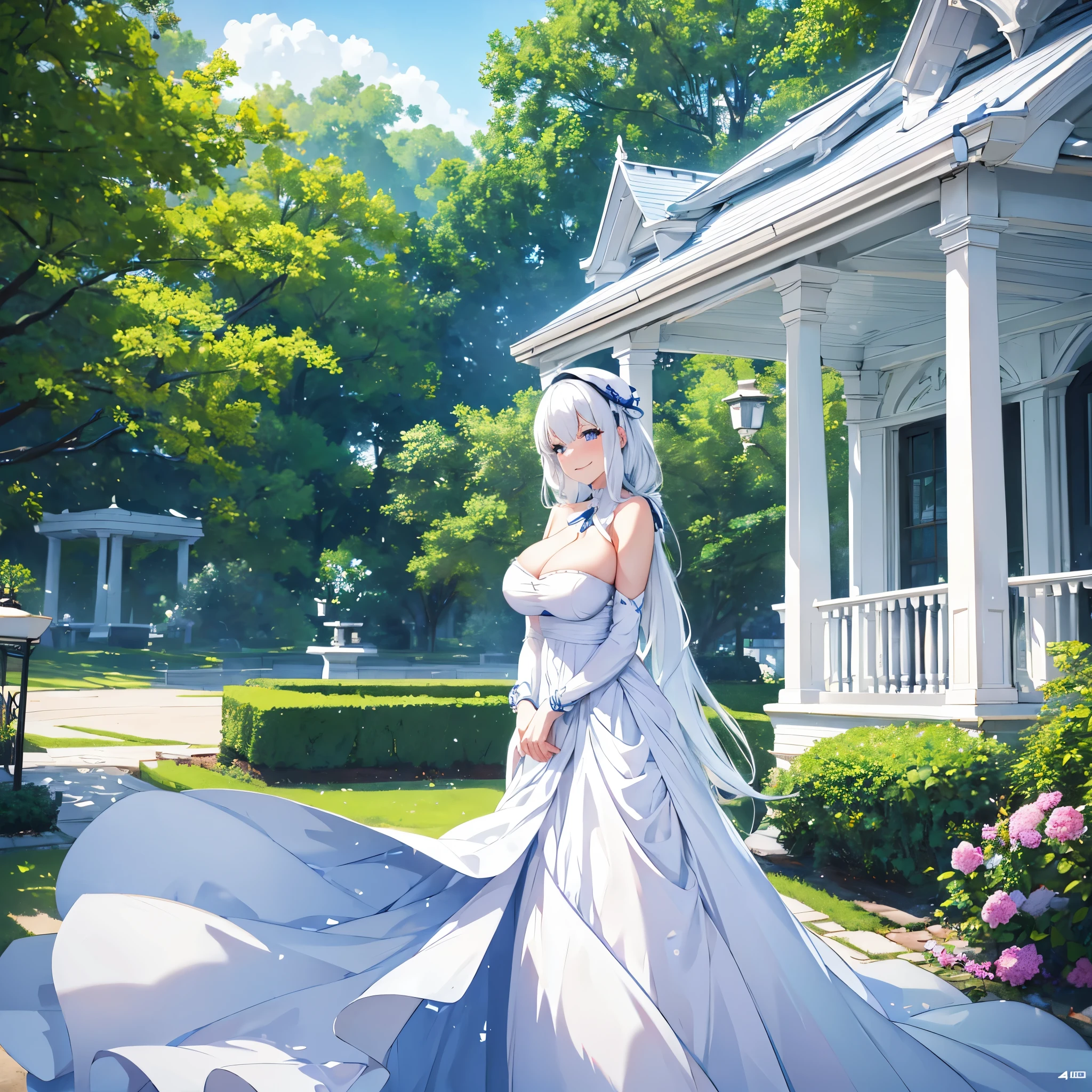 A woman with white hair, blue eyes, wearing a white dress, white hat, inside a Gazebo in a garden, smiling, big breasts, very detailed, masterpiece, high definition, 4k hd
