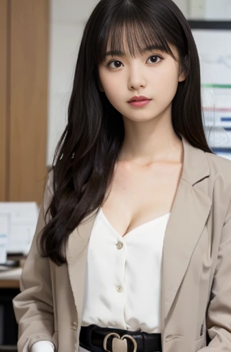best quality, detailed, beautiful, insanely detailed, absurdres,perfect ,
Japanese woman,black hair,27 years old,
(slender),
(small breasts),
serious look, standing, hands on hips, wavy hair, (MediumBeige suit:1.0), (white blouse:1.0),(cleavage:1.1), piercing, delicate facial features, Scene of Tension, in the office, from front