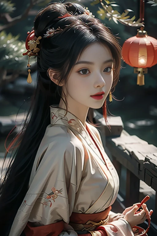 masterpiece，HD，anime style, A mysterious young woman is holding a carp lantern，（Goldfish lights：1.3），Blue streamer，（whole body：1.3），panoramic，Red and blue Hanfu，Hairpins and gemstone accessories，There is a jade pendant hanging from the waist，Casts a soft glow, Her flawless features exude an ethereal glow. The setting is mute, The moonlit forest and her costume are a gorgeous fusion of traditional Asian culture and futuristic fantasy. Every detail of her face and outfit is shown in extreme close-up，The level of detail is extraordinary. artist: Alec South