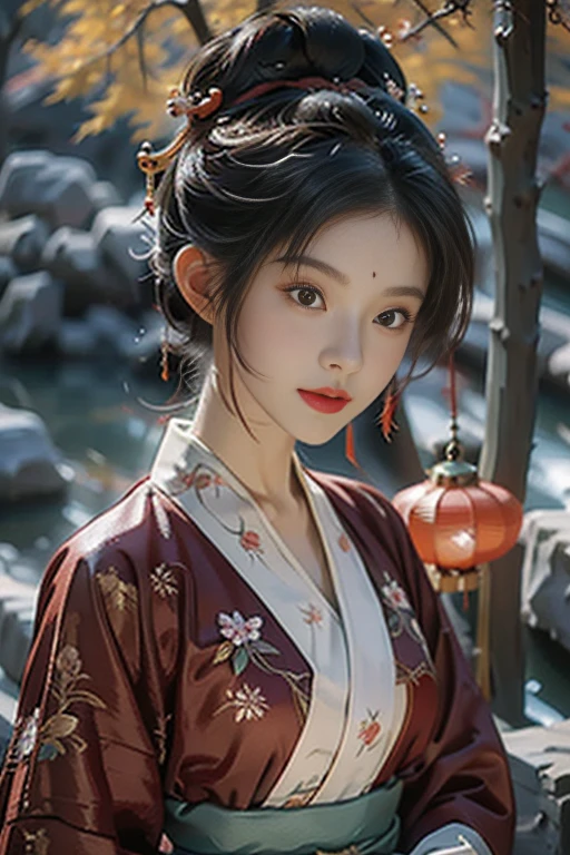 masterpiece，HD，anime style, A mysterious young woman is holding a carp lantern，（Goldfish lights：1.3），Blue streamer，（whole body：1.3），panoramic，Red and blue Hanfu，Hairpins and gemstone accessories，There is a jade pendant hanging from the waist，Casts a soft glow, Her flawless features exude an ethereal glow. The setting is mute, The moonlit forest and her costume are a gorgeous fusion of traditional Asian culture and futuristic fantasy. Every detail of her face and outfit is shown in extreme close-up，The level of detail is extraordinary. artist: Alec South