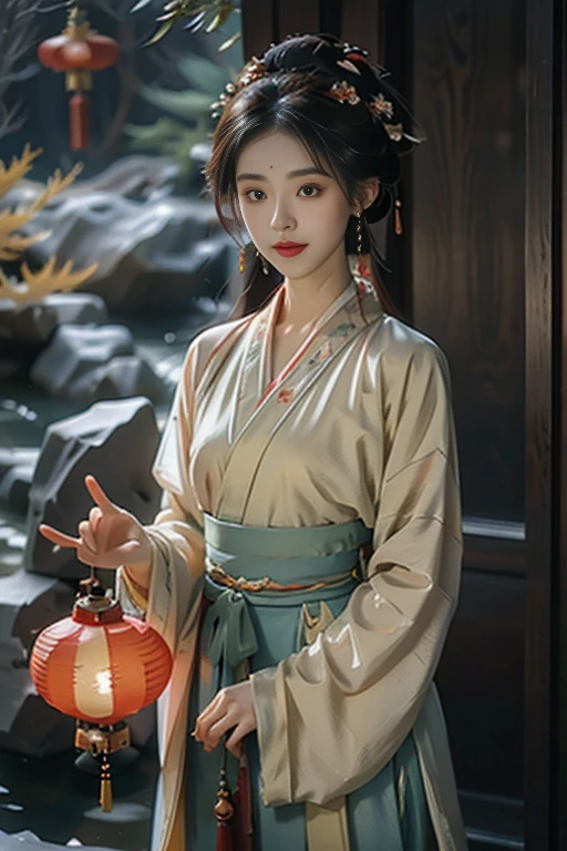 anime style, A mysterious young woman is holding a carp lantern，Red and blue Hanfu，Hairpins and gemstone accessories，There is a jade pendant hanging from the waist，Casts a soft glow, Her flawless features exude an ethereal glow. The setting is mute, The moonlit forest and her costume are a gorgeous fusion of traditional Asian culture and futuristic fantasy. Every detail of her face and outfit is shown in extreme close-up，The level of detail is extraordinary. artist: Alec South