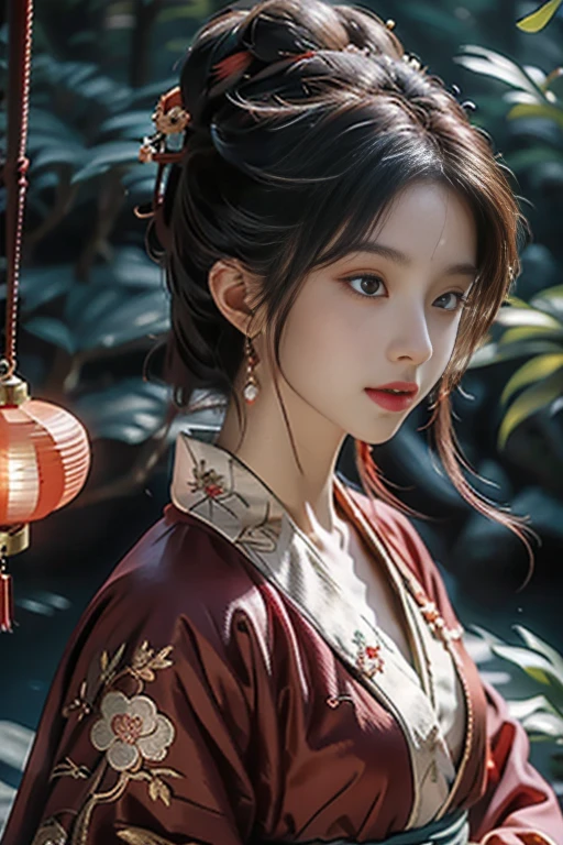 masterpiece，HD，anime style, A mysterious young woman is holding a carp lantern，（Goldfish lights：1.3），Blue streamer，（whole body：1.3），panoramic，Red and blue Hanfu，Hairpins and gemstone accessories，There is a jade pendant hanging from the waist，Casts a soft glow, Her flawless features exude an ethereal glow. The setting is mute, The moonlit forest and her costume are a gorgeous fusion of traditional Asian culture and futuristic fantasy. Every detail of her face and outfit is shown in extreme close-up，The level of detail is extraordinary. artist: Alec South