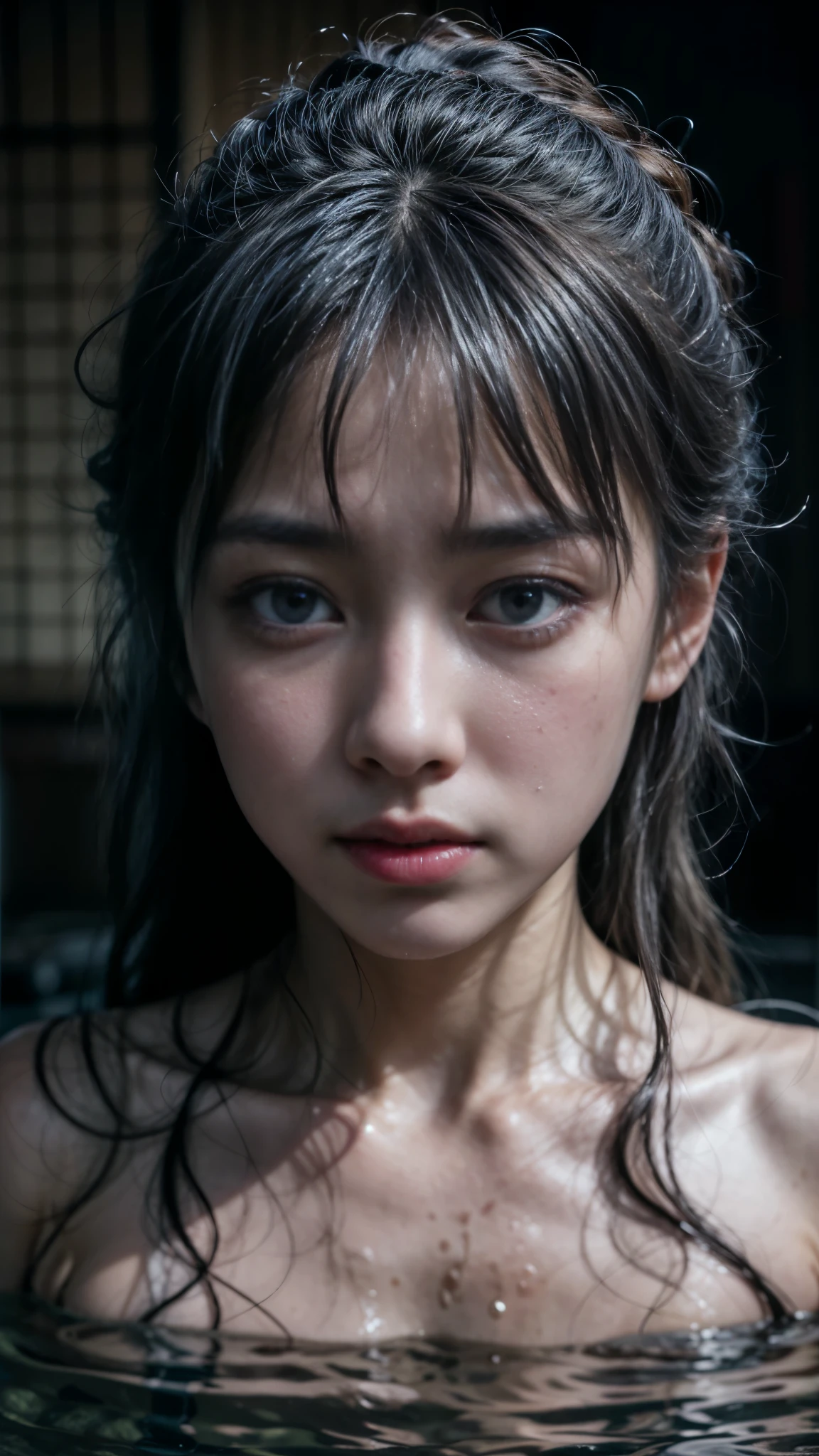 A portrait of a beautiful japanese woman, she looks sadness and badly wet, her body was bruised from torture, dynamic lighting, 