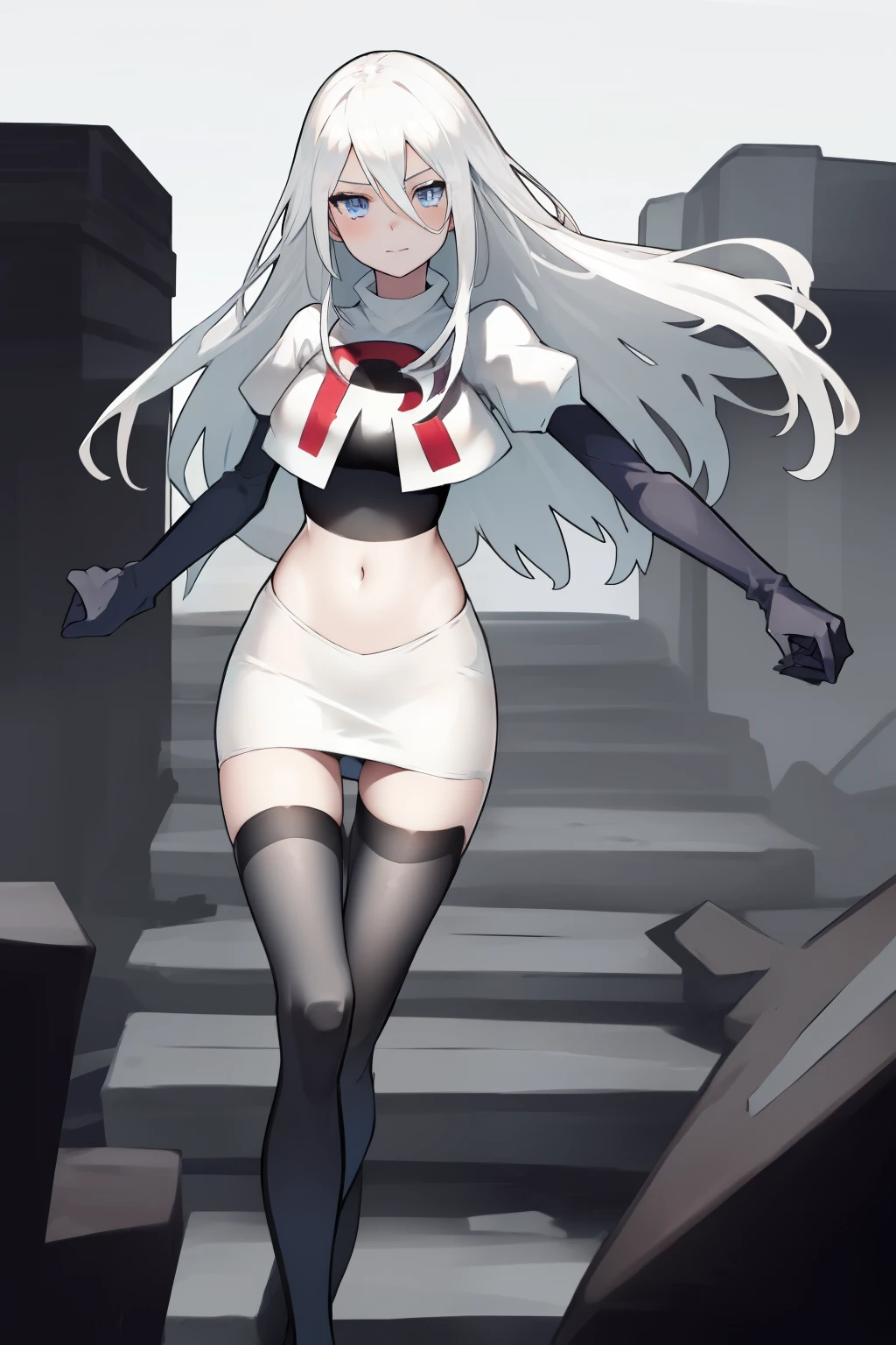 yorha type a no. 2, 1girl, absurdres, android, blue eyes, hair between eyes, long hair, robot, solo, white hair,
team rocket,team rocket uniform, red letter R, white skirt,white crop top,black thigh-highs,black elbow gloves