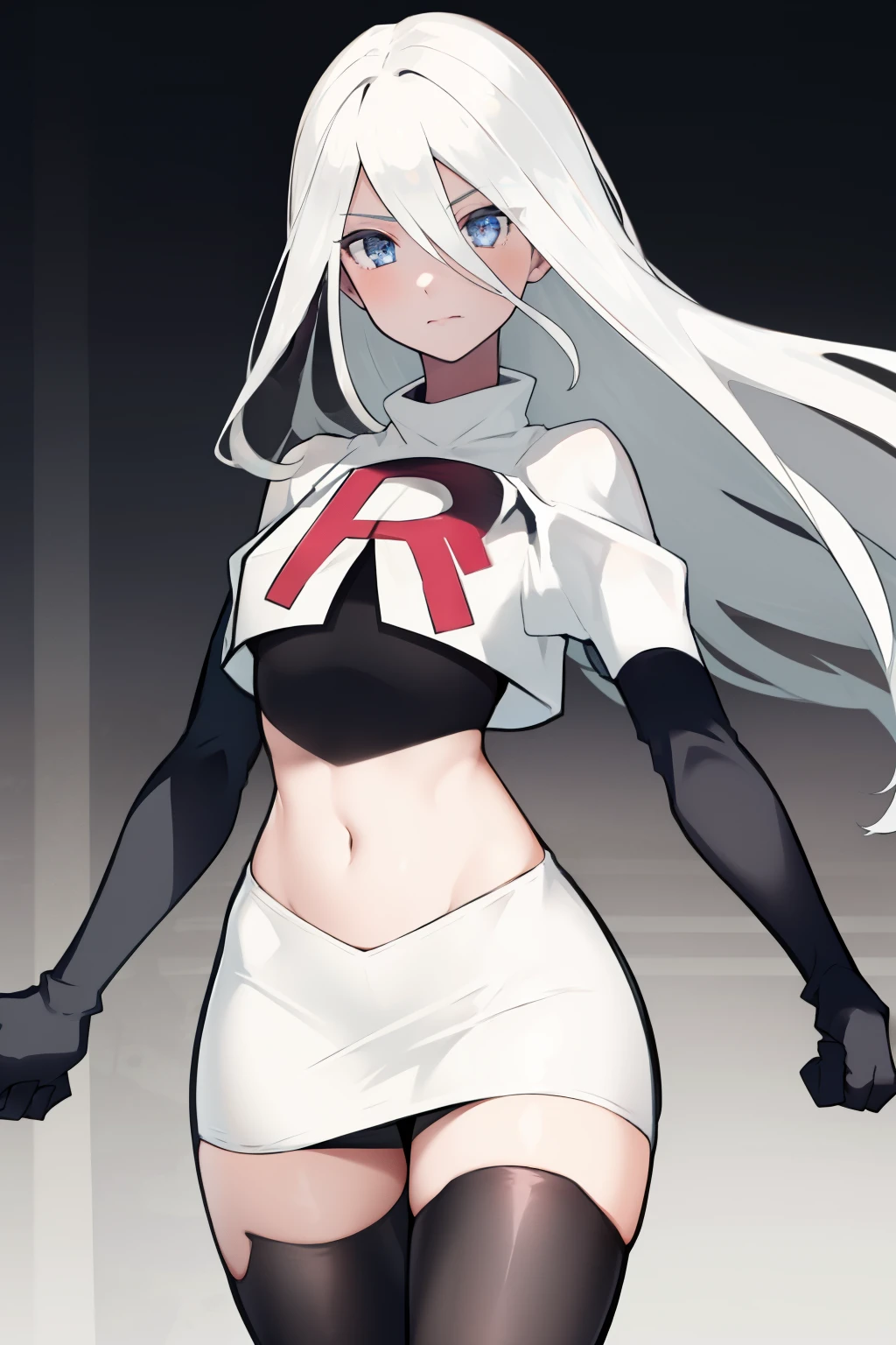 yorha type a no. 2, 1girl, absurdres, android, blue eyes, hair between eyes, long hair, robot, solo, white hair,
team rocket,team rocket uniform, red letter R, white skirt,white crop top,black thigh-highs,black elbow gloves