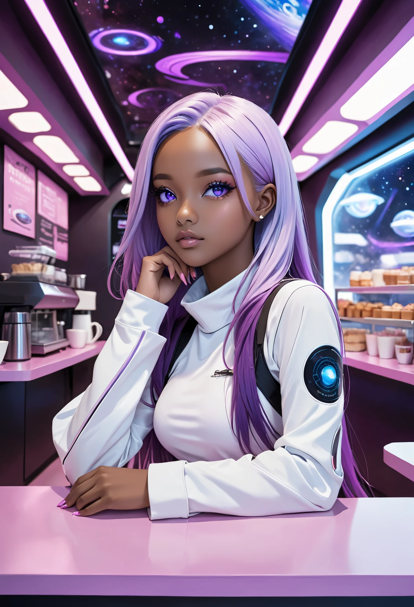 futuristic girl, dark skin, purple eyes, space, purple hair, blue hair, pink hair, long hair, dark skin, futuristic coffee shop
