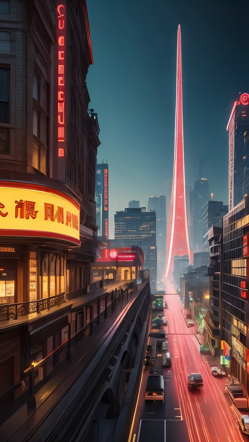 best quality, super fine, 16k, incredibly absurdres, extremely detailed, a building built nearly 100 years ago and a (large neon sign) on the roof, very old, retro, nostalgic, background contrasting scenery, In the distance is a futuristic city, a world in transition, (magnificent view:1.3)