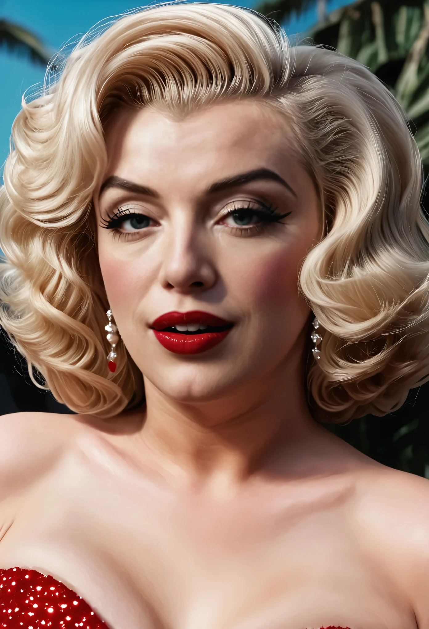 Asombroso~*~ Realistic cinematic close-up shot in a movie scene., The explosive blonde from the 50s Marilyn Monroe with full lips and sensual eyes. She wears red lipstick and a tight off-the-shoulder dress.., redondo medio , piel brillante, rezumando confianza y sensualidad 8k