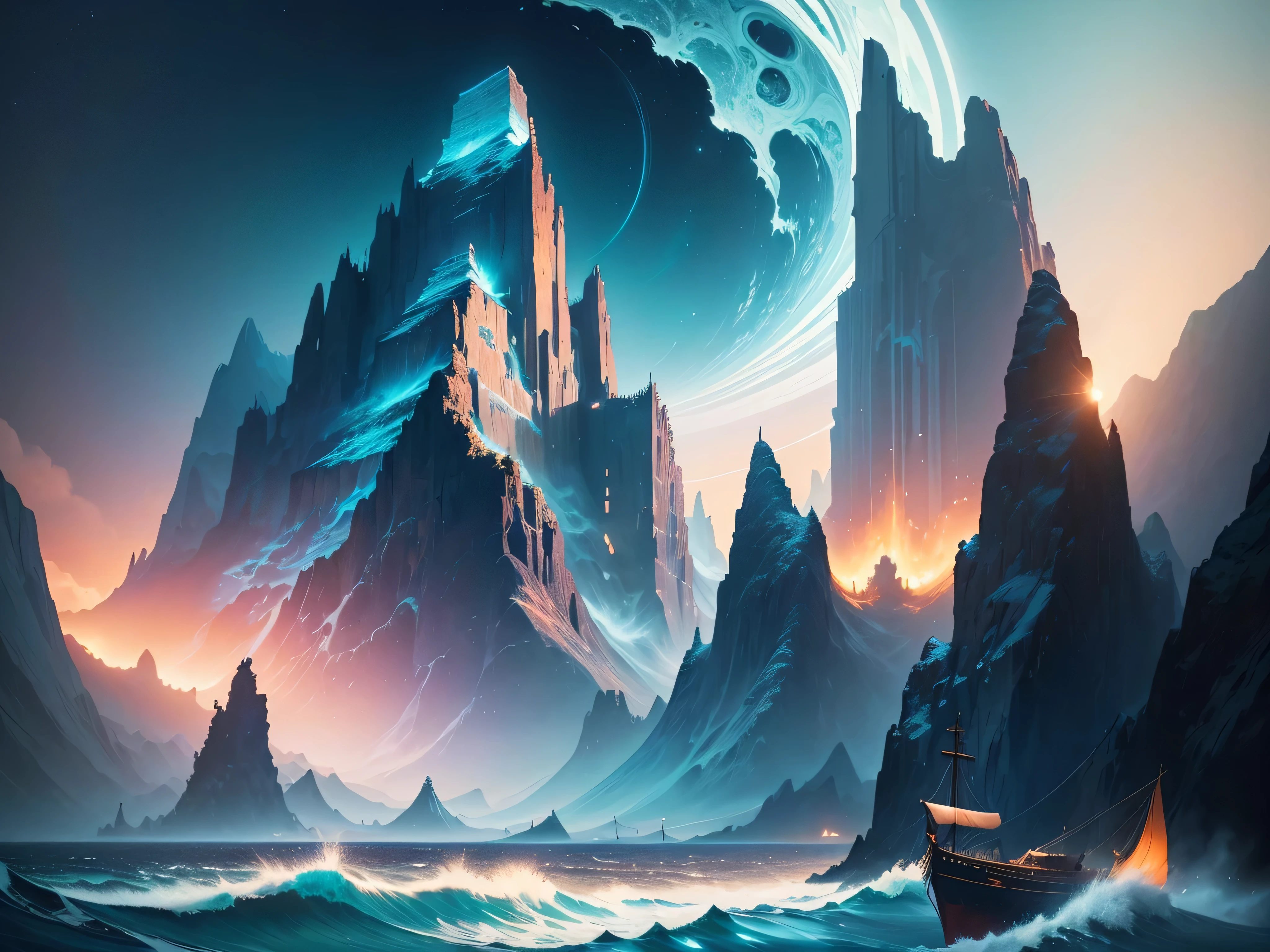 there is a painting of a ship in the ocean with mountains in the background, detailed dreamscape, inspired by Kilian Eng, calm night. digital illustration, full art illustration, dan mumford and alex grey style, by Kilian Eng, detailed digital illustration, a beautiful artwork illustration, g liulian art style, an ominous fantasy illustration, detailed fantasy illustration