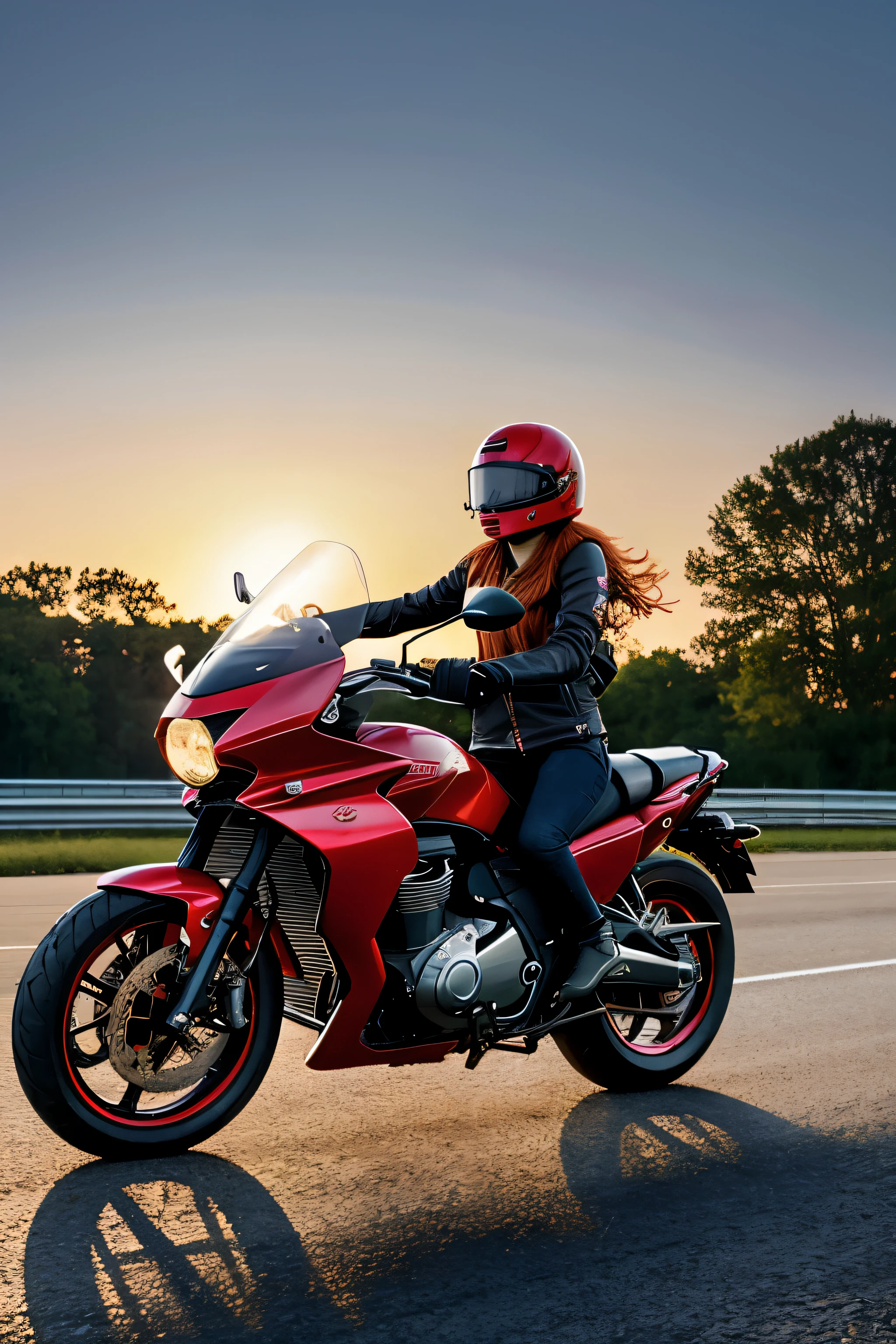 Ultra detailed image:1.4,
Super realistic photo of a fourteen year old girl., (with a fiery red mane):1.1, in a red leaThatr jacket and an open helmet, (her hair billowing in That wind):1.2, speeding on a sleek Honda motorcycle, (That engine roaring):1.3, along the wide, sun-drenched freeway, (That tarmac glistening):1.2.
 Surrounding her, a picturesque scene unfolds, (idyllic and serene):1.1, with That captivating aroma of lavender filling That air, (That