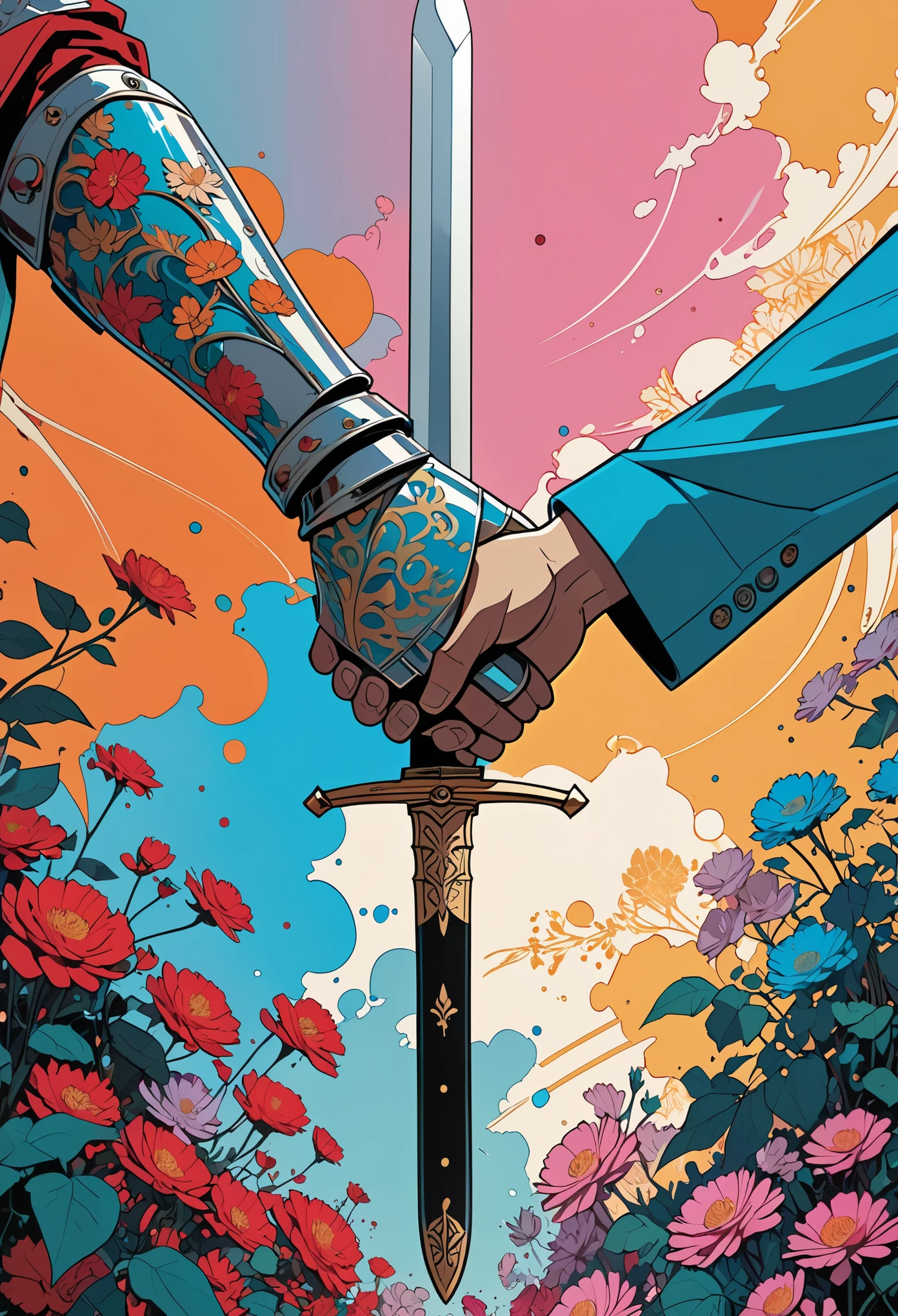 a Knight with a sword in front of him is holding hands,ultrarealistic,4k hd,art by Tomer Hanuka and Atey Ghailan and J Scott Campbell and Conrad Roset and Kaethe Butcher vibrant colours,intricate details,