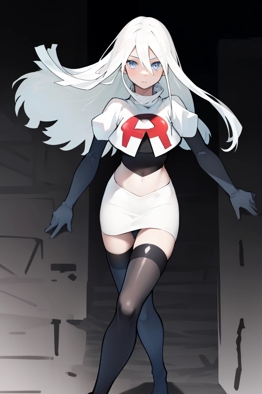 yorha type a no. 2, 1girl, absurdres,  android, blue eyes, hair between eyes, long hair, robot, solo, white hair, 

team rocket,team rocket uniform, red letter R, white skirt,white crop top,black thigh-highs,black elbow gloves
