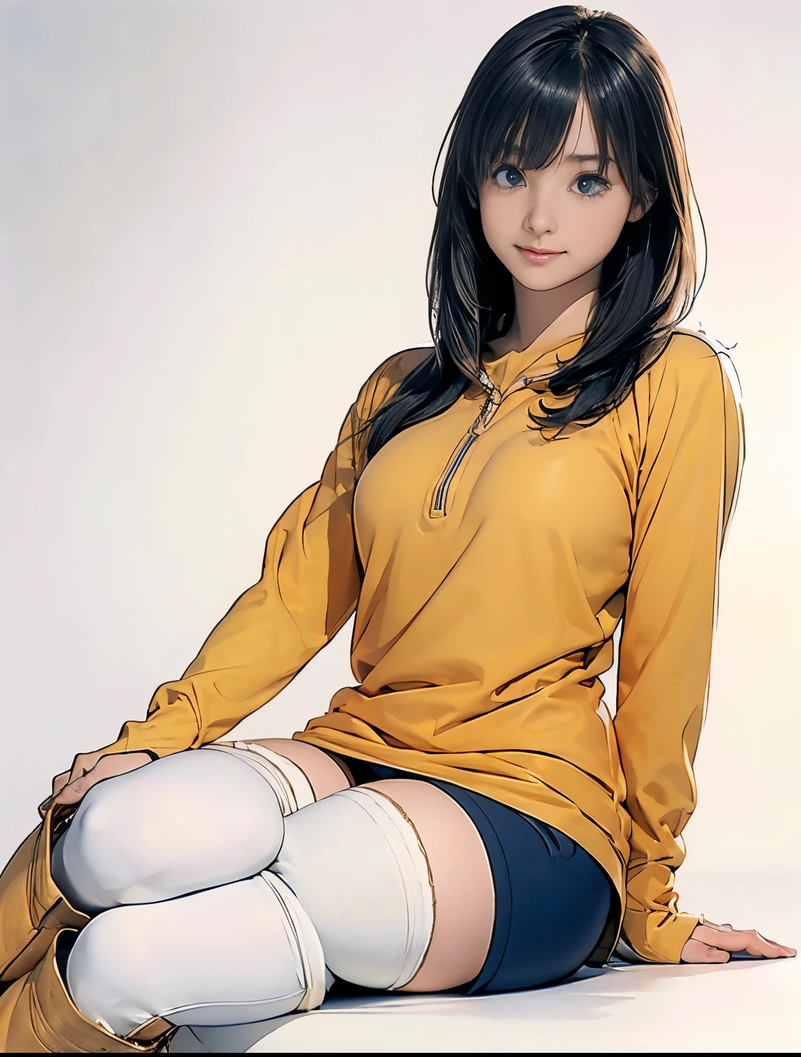 (masterpiece、best quality、Highest resolution、Clear_image、detailed details): (full body picture、15 year old girl、Japanese face、small face、thin、Navy blue super short bob、blue eyes、Blue and Black Shiny Aviator Suit、Armor that protects the chest、tight clothes、Clothes that cover the whole body、leggings、Very delicate and beautiful、hide thighs、hide your ass、Cute type、gentle smile、soft expression、earphone、knee high boots、Gloves come to elbow length、Shooting at eye level、face directly、woman on spaceship), (((camel toe))), ((Plain white tights))