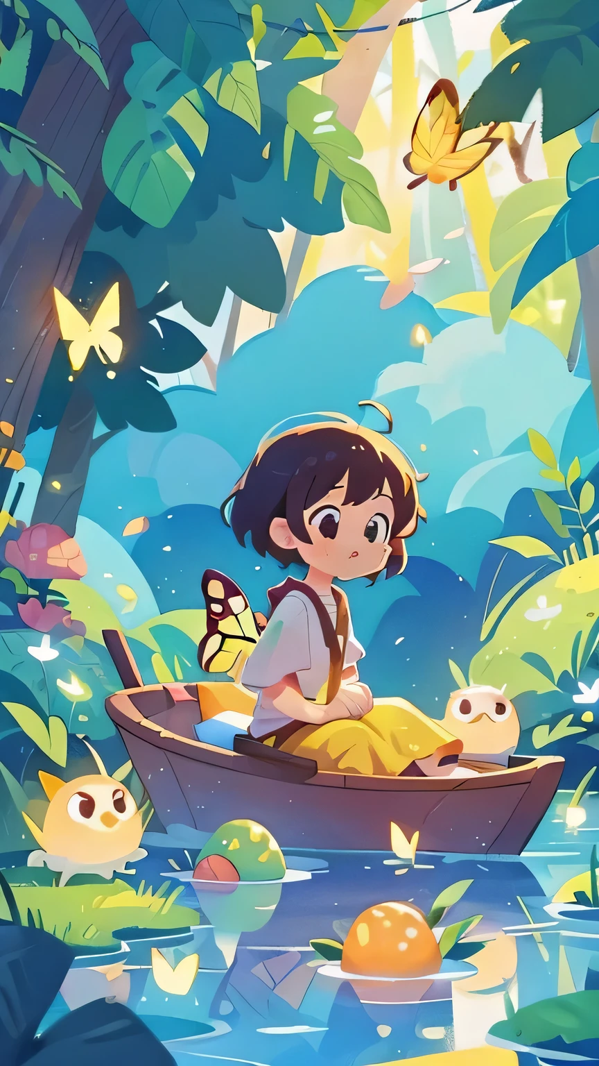 picture book illustration, Watercolor storybook illustration, Vibrant pastel colors, extremely good, colorful, whimsical, magic, masterpiece, best quality, sharp focus, Intricately detailed environments, fine details, 8K resolution, fall lagoon, (magic lagoon), (fall, lake), (Night light, firefly, glowing butterfly