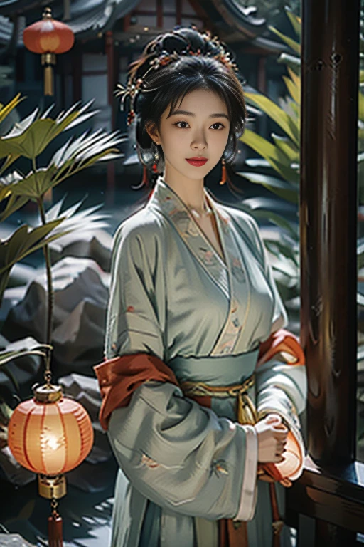 masterpiece，HD，anime style, A mysterious young woman is holding a carp lantern，（Goldfish lights：1.3），Blue streamer，（whole body：1.3），panoramic，Red and blue Hanfu，Hairpins and gemstone accessories，There is a jade pendant hanging from the waist，Casts a soft glow, Her flawless features exude an ethereal glow. The setting is mute, The moonlit forest and her costume are a gorgeous fusion of traditional Asian culture and futuristic fantasy. Every detail of her face and outfit is shown in extreme close-up，The level of detail is extraordinary. artist: Alec South