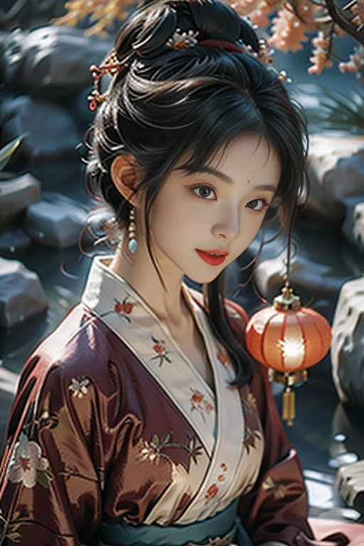 masterpiece，HD，anime style, A mysterious young woman is holding a carp lantern，（Goldfish lights：1.3），Blue streamer，（whole body：1.3），panoramic，Red and blue Hanfu，Hairpins and gemstone accessories，There is a jade pendant hanging from the waist，Casts a soft glow, Her flawless features exude an ethereal glow. The setting is mute, The moonlit forest and her costume are a gorgeous fusion of traditional Asian culture and futuristic fantasy. Every detail of her face and outfit is shown in extreme close-up，The level of detail is extraordinary. artist: Alec South