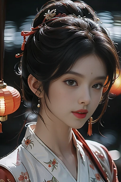 masterpiece，HD，anime style, A mysterious young woman is holding a carp lantern，（Goldfish lights：1.3），Blue streamer，（whole body：1.3），panoramic，Red and blue Hanfu，Hairpins and gemstone accessories，There is a jade pendant hanging from the waist，Casts a soft glow, Her flawless features exude an ethereal glow. The setting is mute, The moonlit forest and her costume are a gorgeous fusion of traditional Asian culture and futuristic fantasy. Every detail of her face and outfit is shown in extreme close-up，The level of detail is extraordinary. artist: Alec South