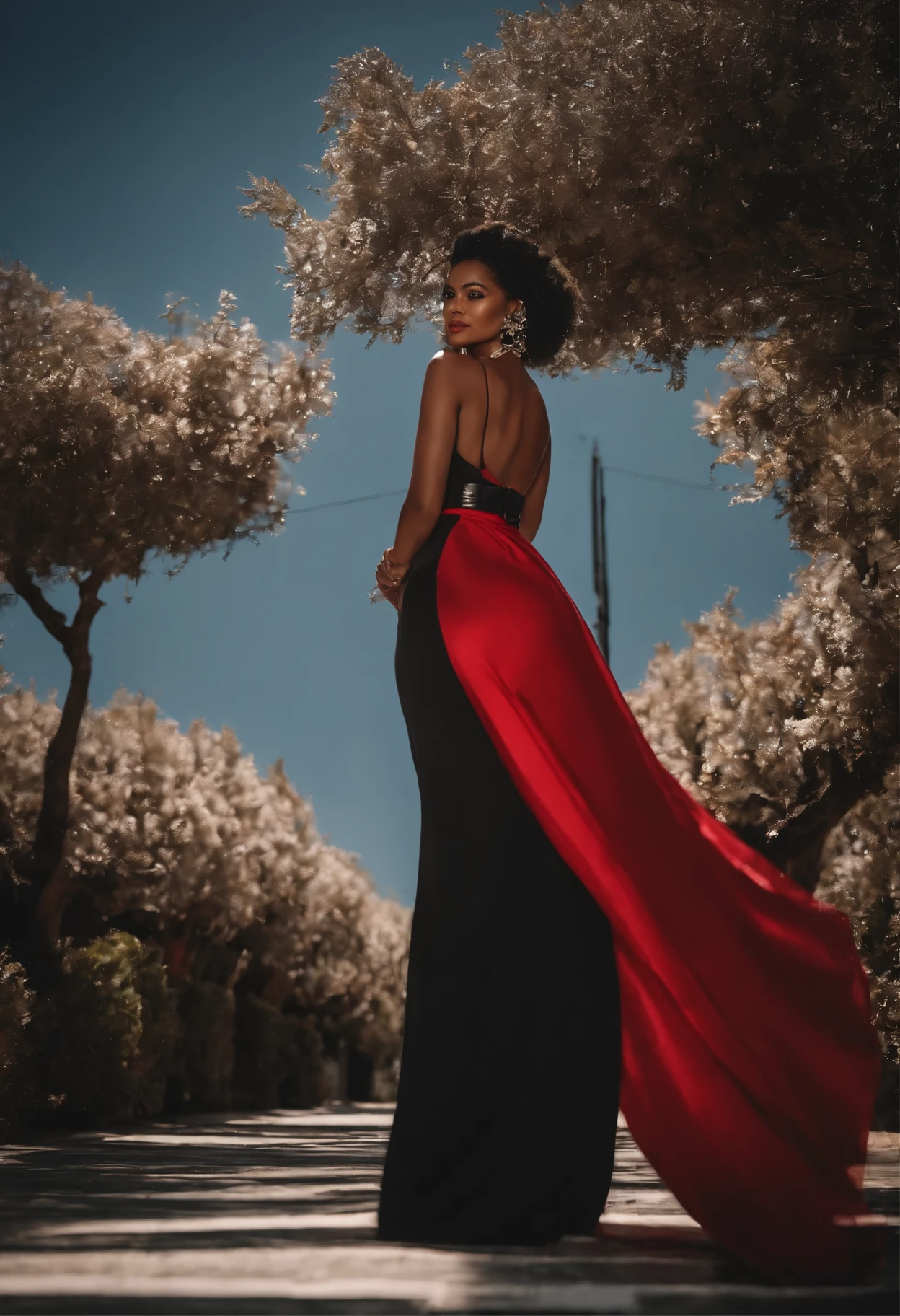 Uma mulher de 38 anos cabelo preto, livre , Olhos preto , inventar, Vestido branco vermelho com cinto estilo preto ,Belt recordings, sapatos brancos ,fora ,outono , Tema vermelho,Contexto urbano futuro。Resolution 1920*1080