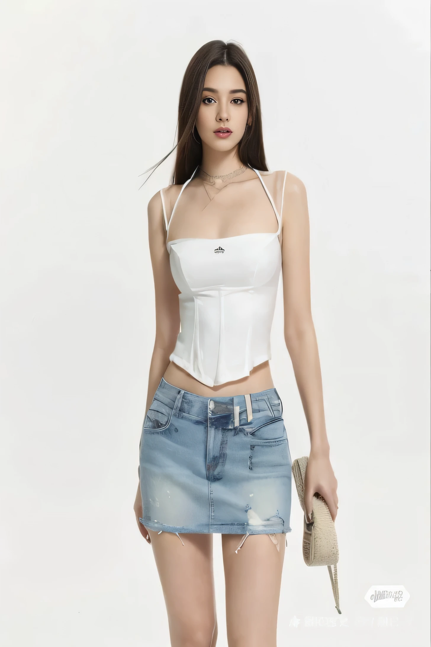 Una mujer con tapa blanca y falda vaquera azul posando para una foto., foto de chica delgada model, top sin mangas blanco, modelo de moda femenina coreana, tapa blanca, vistiendo un top corto sexy, minifalda vaquera, hermosa joven coreana, mirada sexy, traje blanco sedoso, cintura delgada y caderas gruesas, foto de chica delgada, con una cintura delgada
