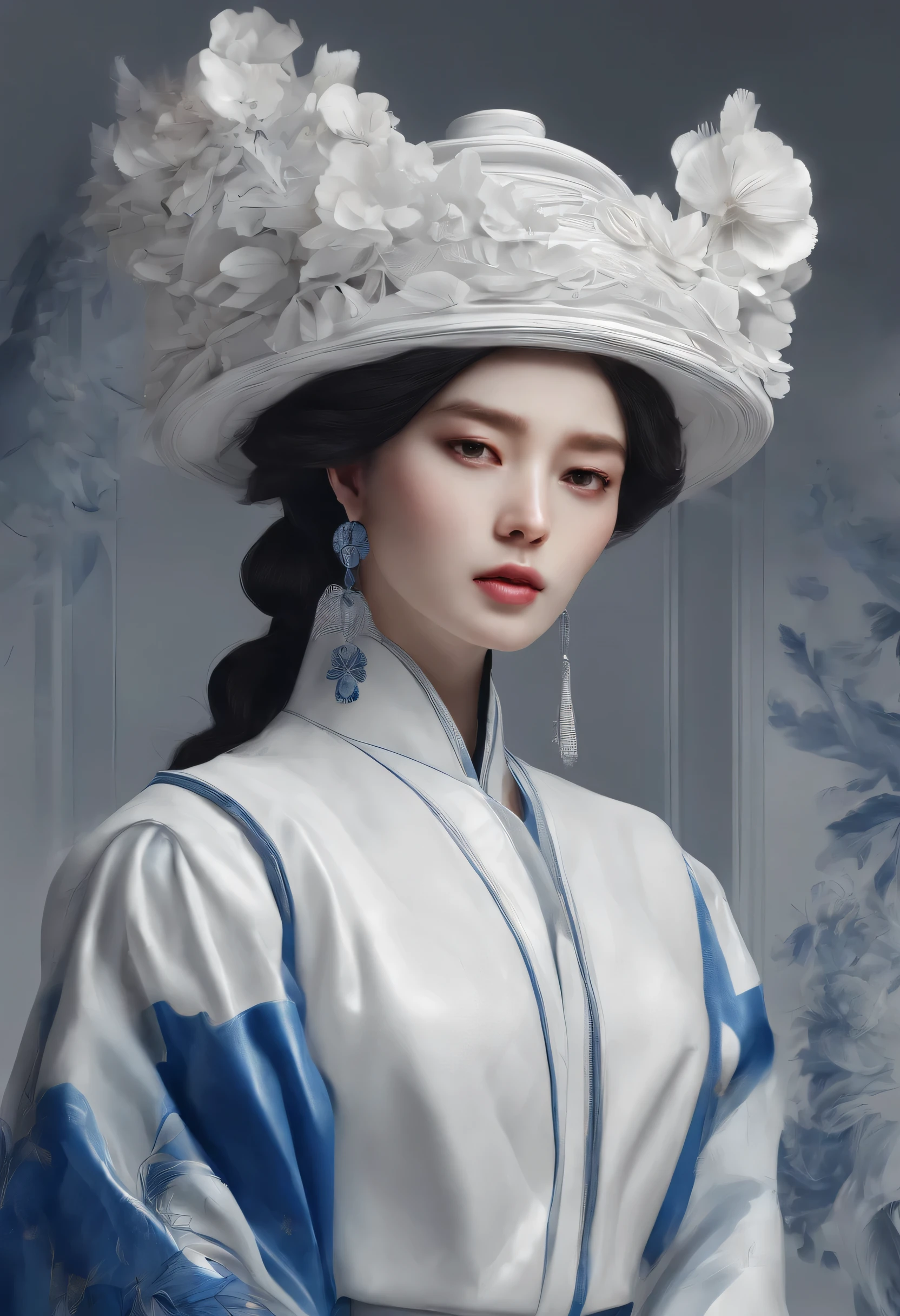 Blue and white porcelain,Ceramic material，Miss，embossed petals，a work of art，long hair, Chinese style，long eyelashes, round eyes, fake animal ears, faint smile, red ears, direction, striped hair, Berets, Berets, Surrealism, shadow, comfort, stereoscopic view, vertical painting, view, atmospheric view, 8K, Super details, precise, best quality