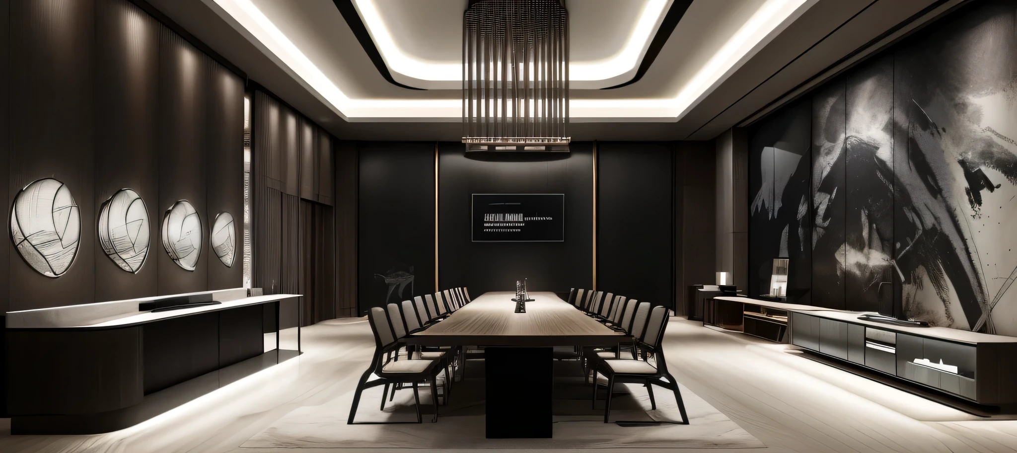 Modern industrial style conference room renderings，iron chair，dark conference table，Chandeliers，There is a TV on the wall，Show game blueprints，Need to have a sense of design and future