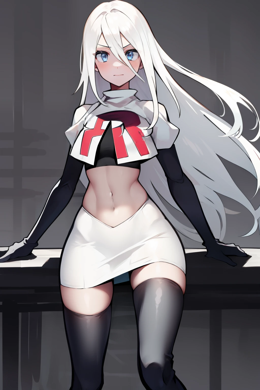 yorha type a no. 2, 1girl, absurdres,  android, blue eyes, hair between eyes, long hair, robot, solo, white hair, 

team rocket,team rocket uniform, red letter R, white skirt,white crop top,black thigh-highs,black elbow gloves
