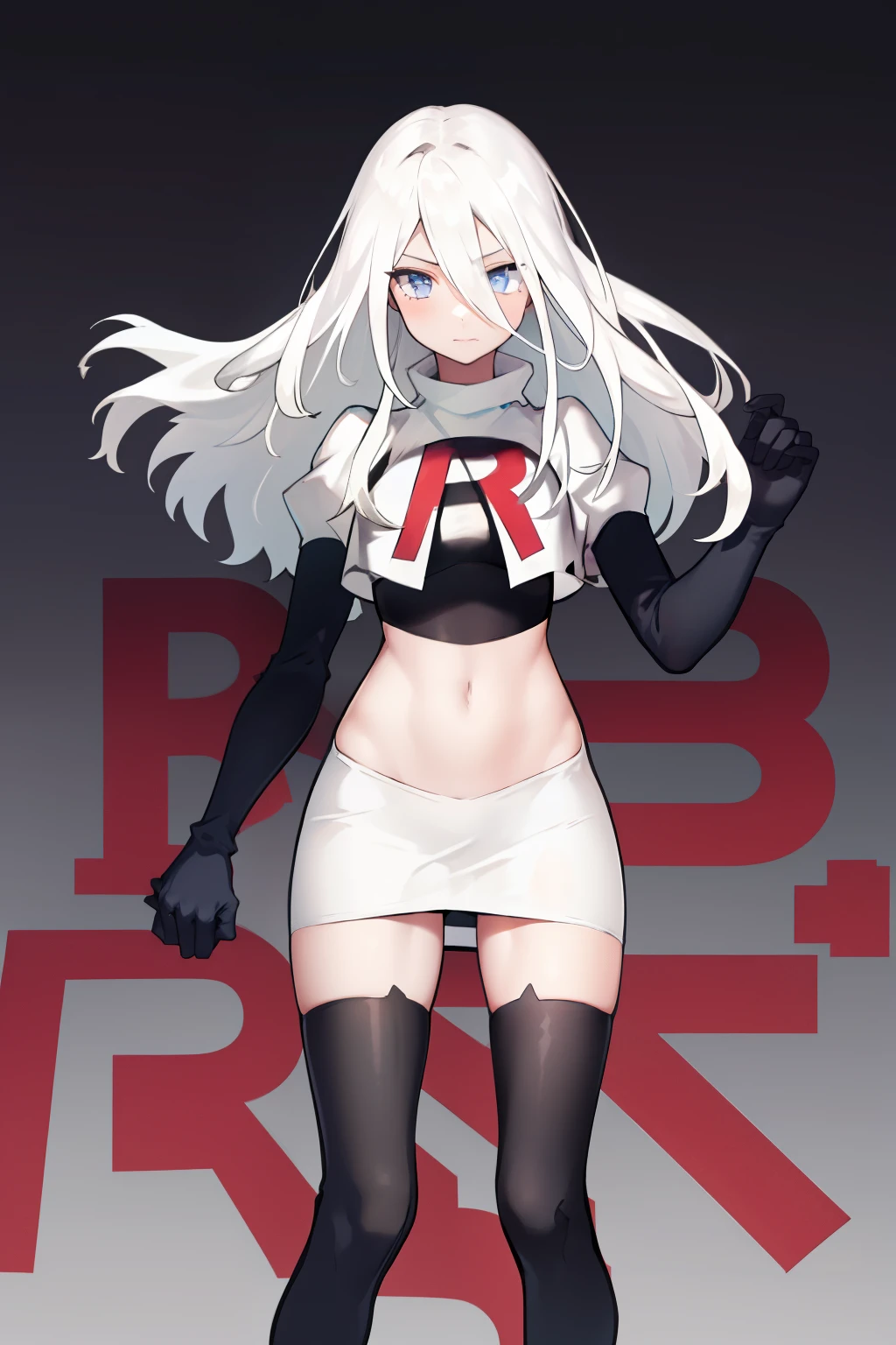 yorha type a no. 2, 1girl, absurdres, android, blue eyes, hair between eyes, long hair, robot, solo, white hair,
team rocket,team rocket uniform, red letter R, white skirt,white crop top,black thigh-highs,black elbow gloves