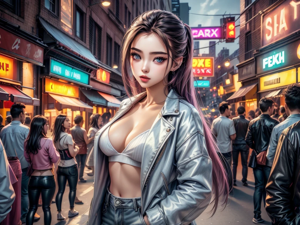 (high quality, vibrant colors:1.2), woman attracting customers, busy downtown area, ((twinkling neon lights)), night scene, vibrant atmosphere, commercial hub, bustling streets, crowded sidewalks, energetic environment, people walking, window shopping, (neon signs), glowing storefronts, colorful reflections, lively vibe, urban nightlife