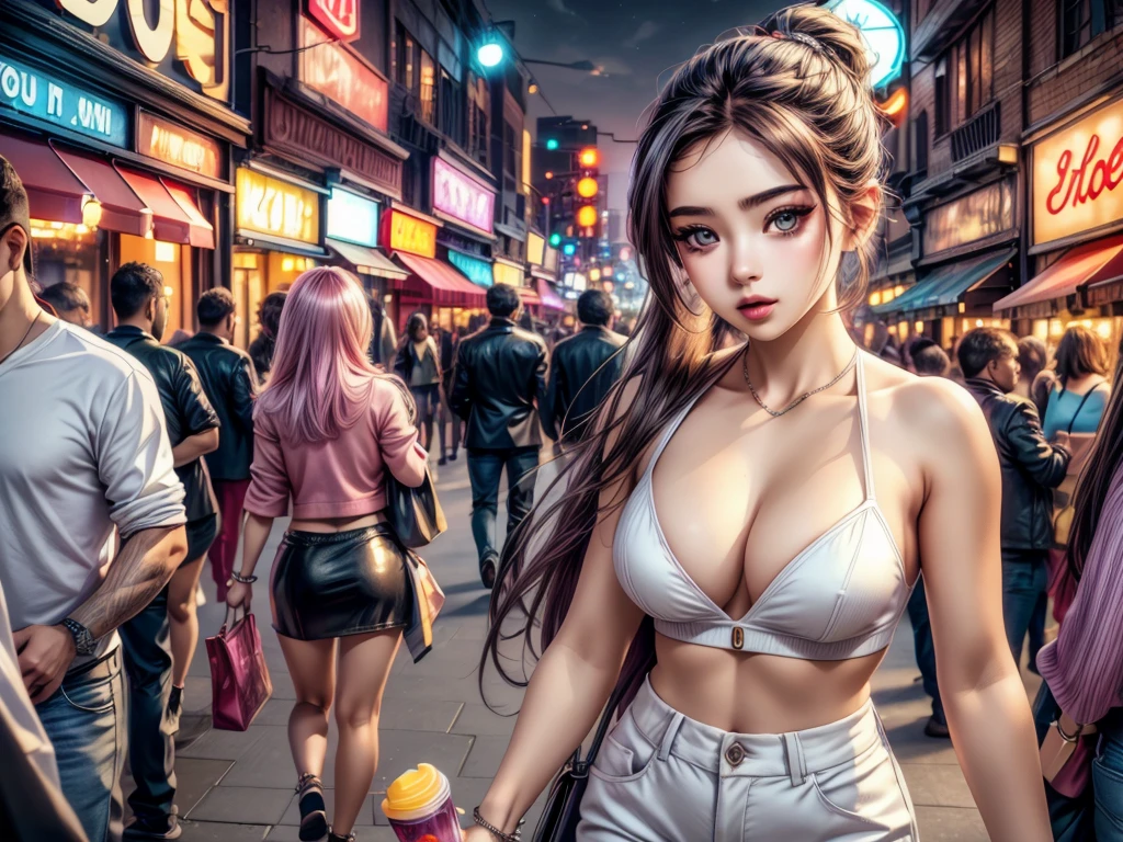 (high quality, vibrant colors:1.2), woman attracting customers, busy downtown area, ((twinkling neon lights)), night scene, vibrant atmosphere, commercial hub, bustling streets, crowded sidewalks, energetic environment, people walking, window shopping, (neon signs), glowing storefronts, colorful reflections, lively vibe, urban nightlife