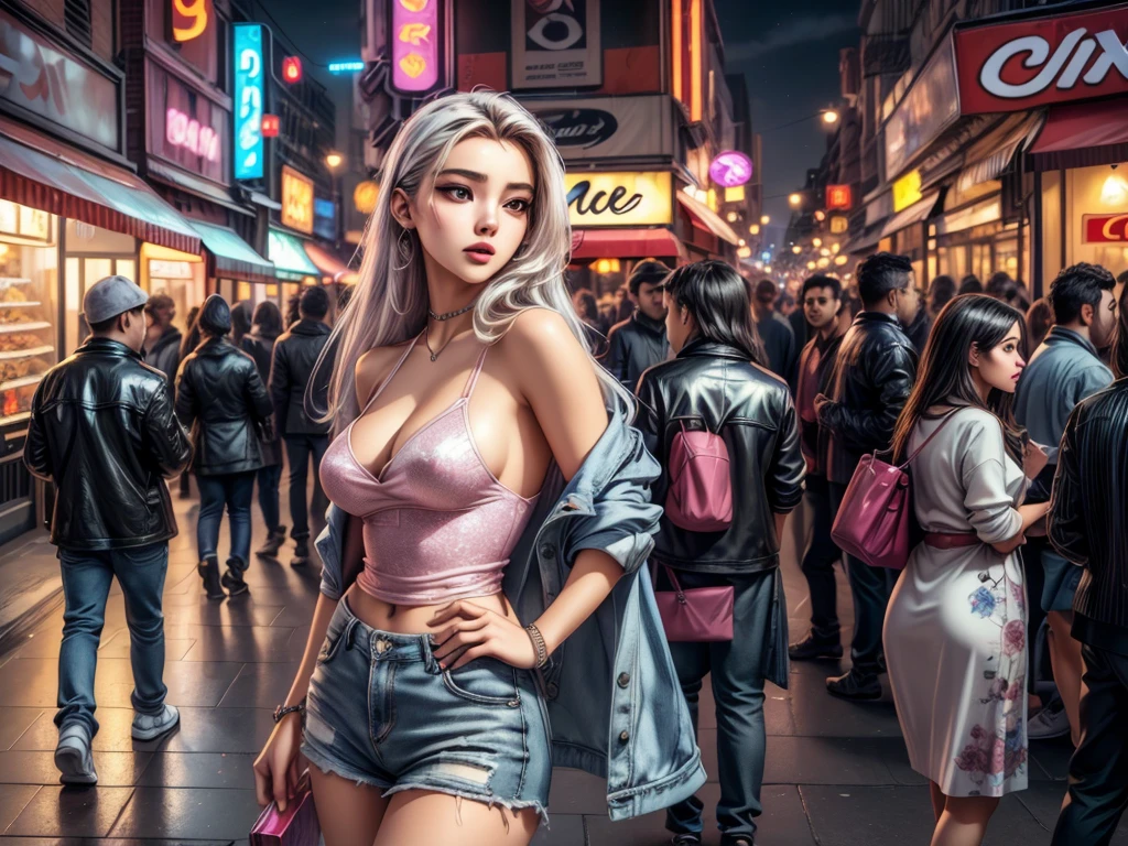 (high quality, vibrant colors:1.2), woman attracting customers, busy downtown area, ((twinkling neon lights)), night scene, vibrant atmosphere, commercial hub, bustling streets, crowded sidewalks, energetic environment, people walking, window shopping, (neon signs), glowing storefronts, colorful reflections, lively vibe, urban nightlife