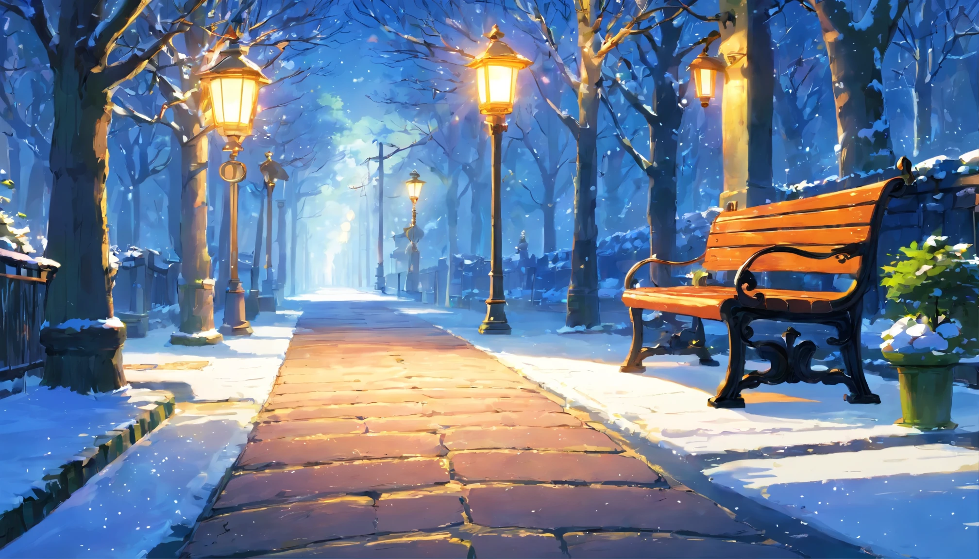 winter park、morning、bench、street light