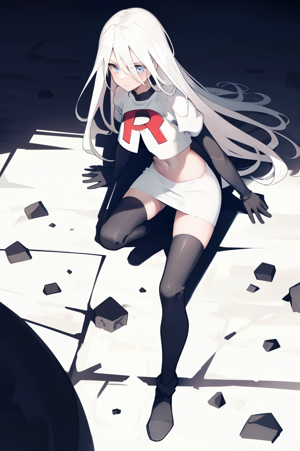 quadratic element，white long straight hair，red pupils，Loli，，a black trench coat，The barefoot，no headwear，The soles of the feet are aligned with the screen，Be tickled，Sitting on a gray roof, overcast day，anime style cityscape, modern anime style，Anime moe art style