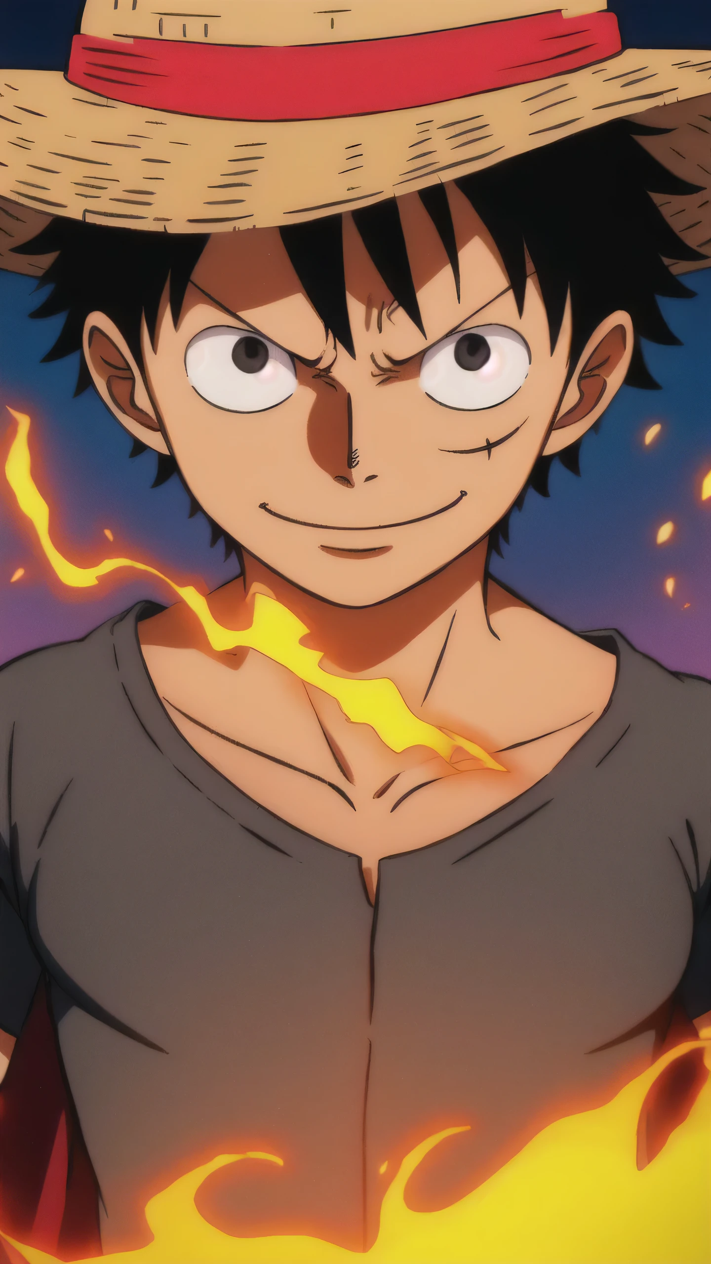1boy, wanostyle, monkey d luffy, smiling, straw hat, looking at viewer, solo, upper body, ((masterpiece)), (best quality), (extremely detailed), depth of field, sketch, dark intense shadows, sharp focus, soft lighting, hdr, colorful, good composition, fire all around, spectacular, closed shirt, anime screencap, scar under eye, ready to fight, black eyes