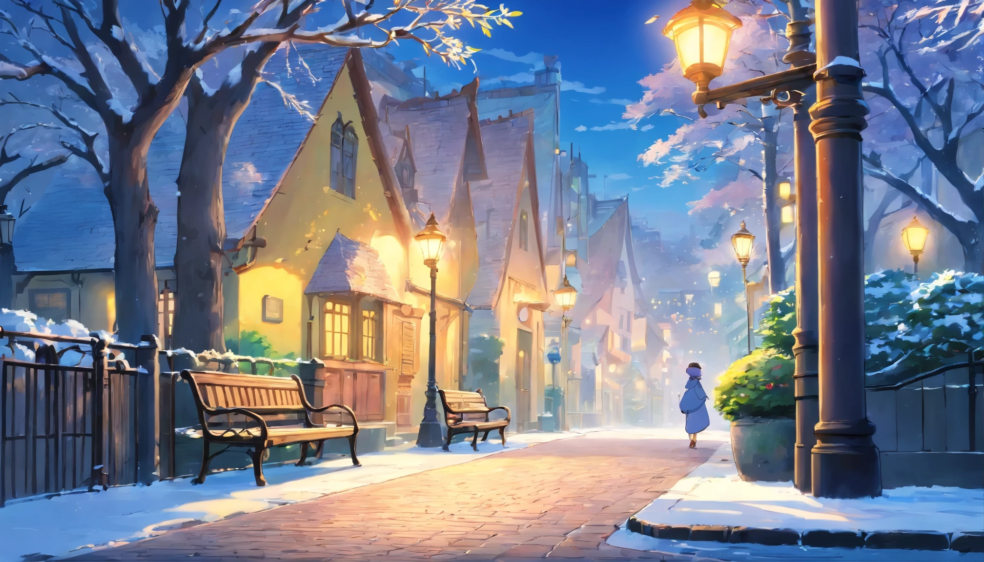 winter park、morning、bench、street light