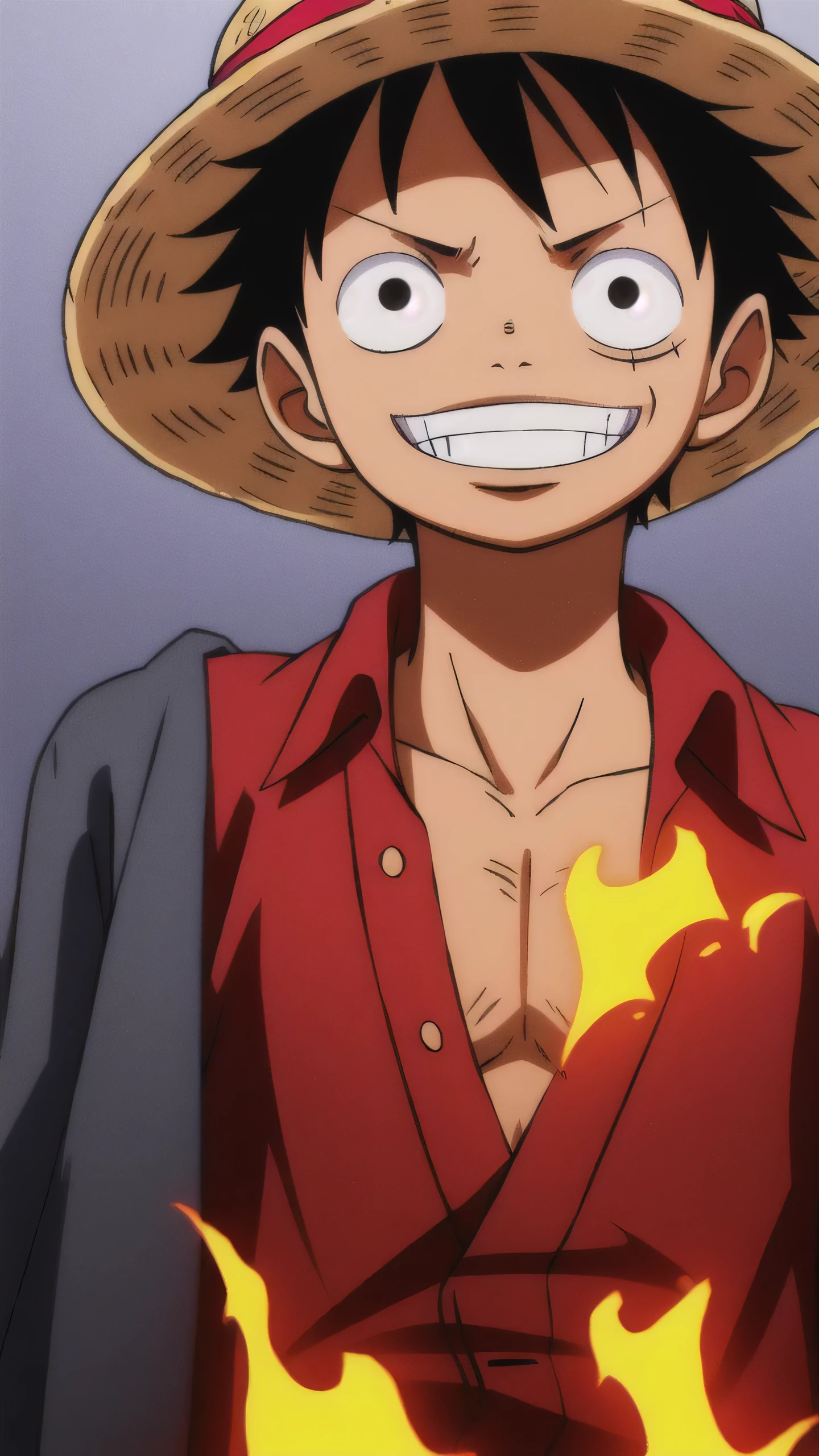 1boy, wanostyle, monkey d luffy, smiling, straw hat, looking at viewer, solo, upper body, ((masterpiece)), (best quality), (extremely detailed), depth of field, sketch, dark intense shadows, sharp focus, soft lighting, hdr, colorful, good composition, fire all around, spectacular, closed shirt, anime screencap, scar under eye, ready to fight, black eyes