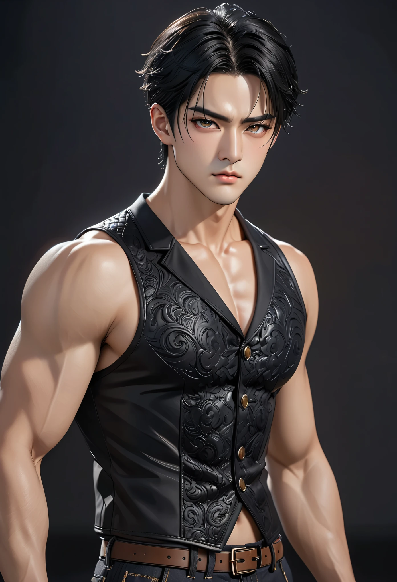 absurderes, high resolution, ultra detaild, realisitic, ), 1 men, Japanese, bad boy, standing alone, grown-up, mellow, tall and muscular guy, broadshouldered, bonitas, short hair pulled back,Bblack hair, eyes browns, angular jaw, Neck grosso, arched eyebrows,formal clothing open with a few buttons on the chest, necktie, trunk, tatoo, Black rose, Neck, small, looking straight ahead .