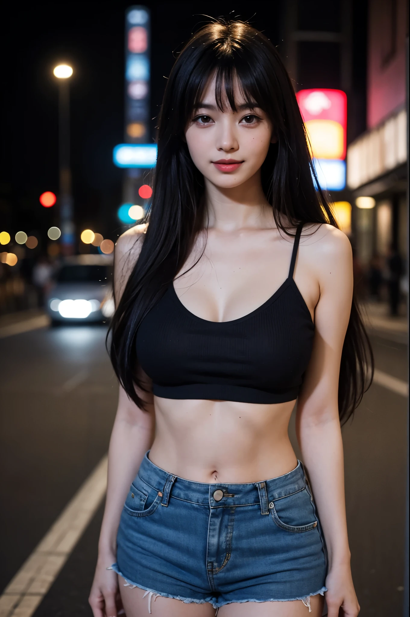 (highest quality, 8k, 32k), masterpiece,(ultra high resolution,realistic:1.4,RAW photo), (Super detailed,caustics),sexy pictures,1girl, big breasts, big breasts, Japanese, black hair, bangs, long hair (long hair: 1.4), Beautiful eyes in detail, long eyelashes, narrow eyes, elongated eye shape, Three white eyes, with an evil smile, wearing a blue top and shorts, A little of her underboob is visible through the top., Realistic anime 3d style, wearing sexy crop tops, gorgeous young woman, cityscape, professional lighting, photon mapping, downtown shibuya, surreal style, beautiful navel, tight clothing, NSFW,